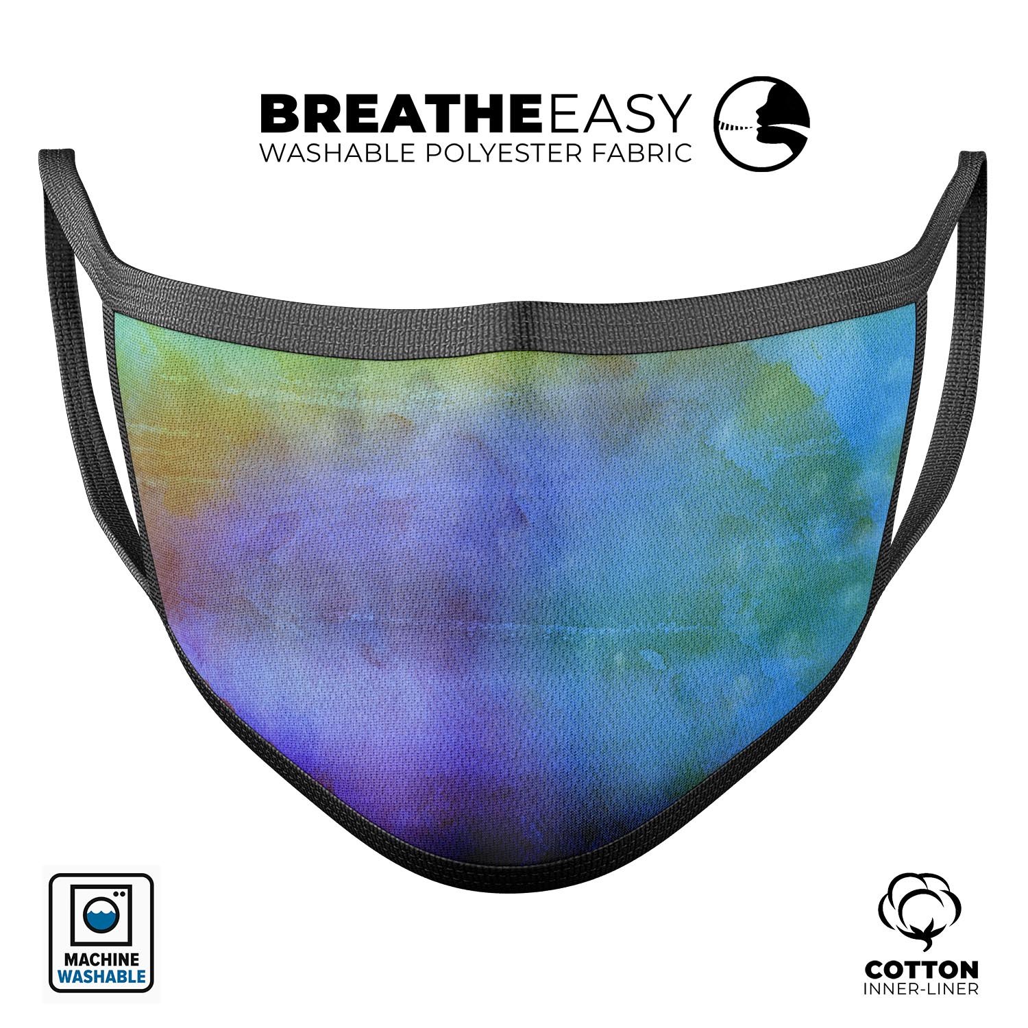 Lined 4453 Absorbed Watercolor Texture mouth cover featuring vibrant colors and adjustable ear loops, made in the USA.