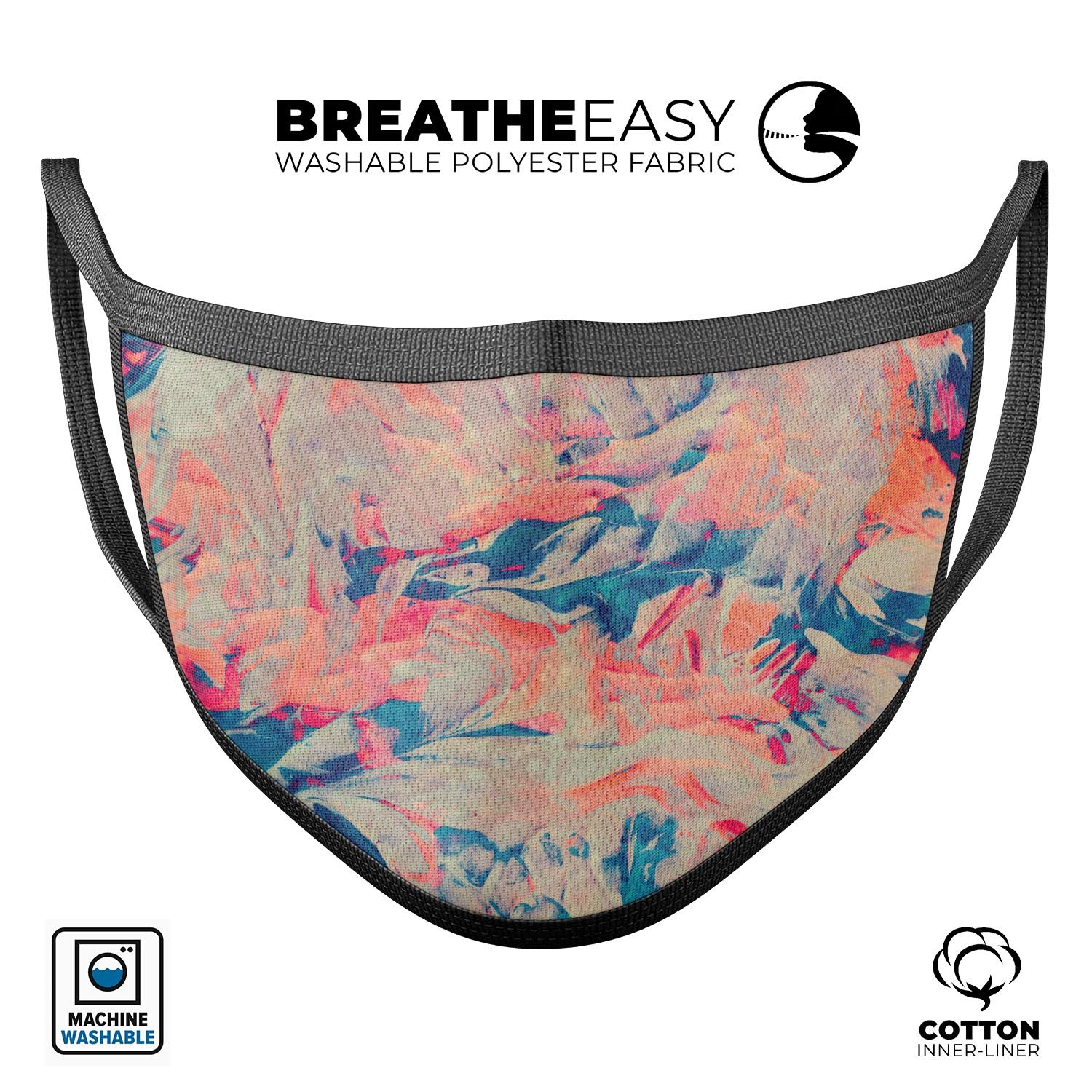 Liquid Abstract Paint Remix V12 unisex mouth cover, featuring a vibrant abstract design, made from memory foam and 100% cotton for comfort.