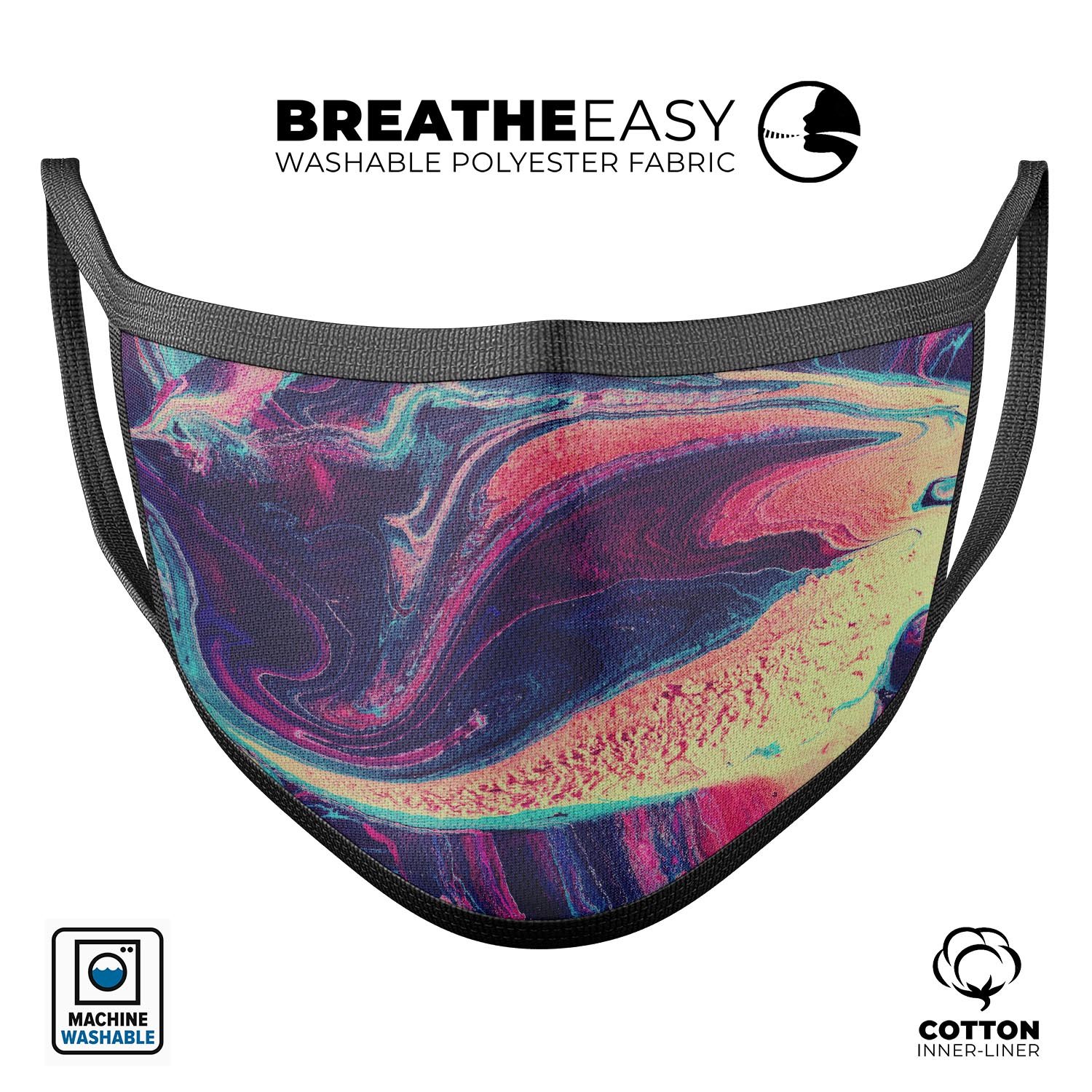 Liquid Abstract Paint Remix V15 face mask, featuring vibrant dye-sublimated design, adjustable ear loops, and made from soft cotton material.