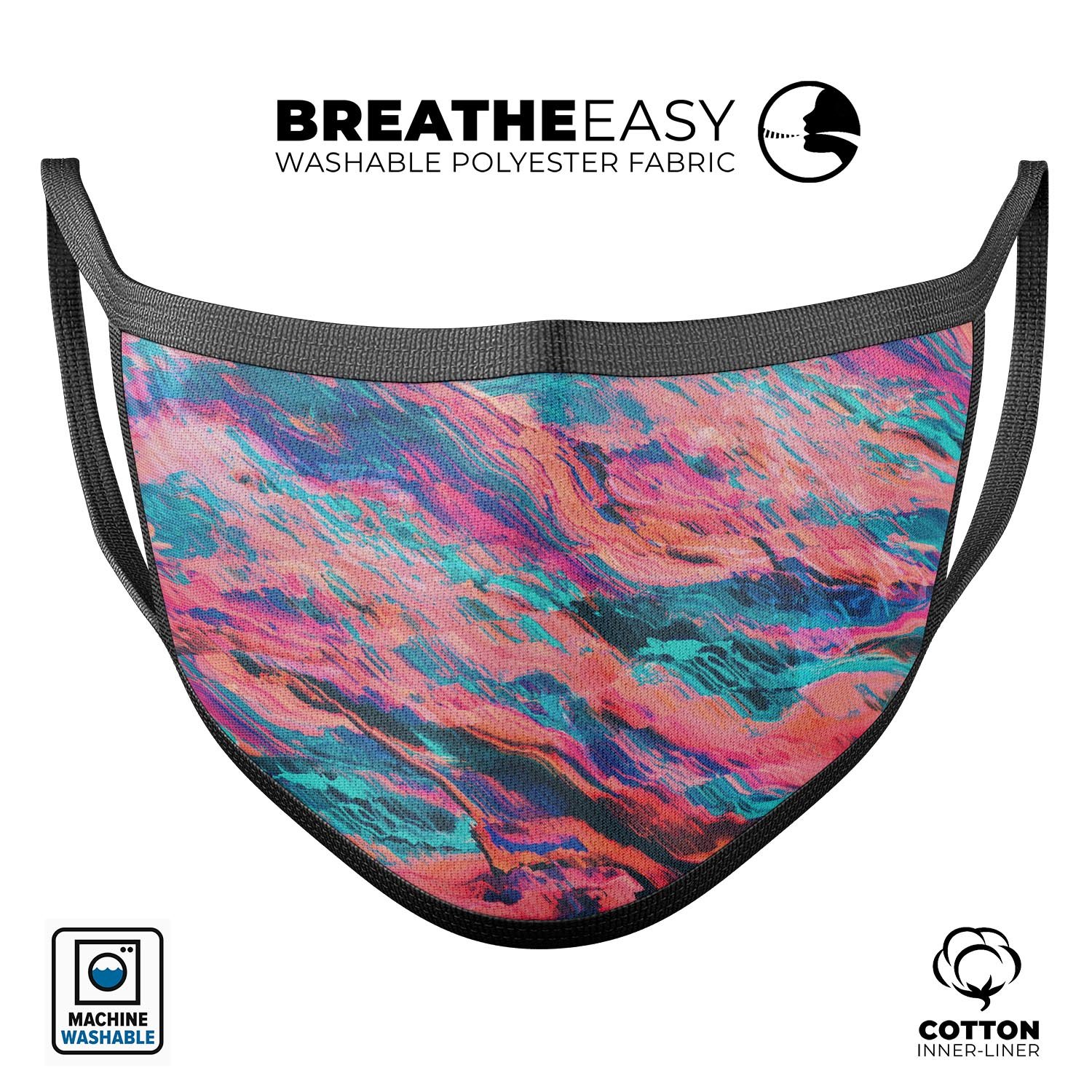 Liquid Abstract Paint Remix V17 unisex mouth cover featuring vibrant dye-sublimated design, adjustable ear loops, and soft cotton interior.