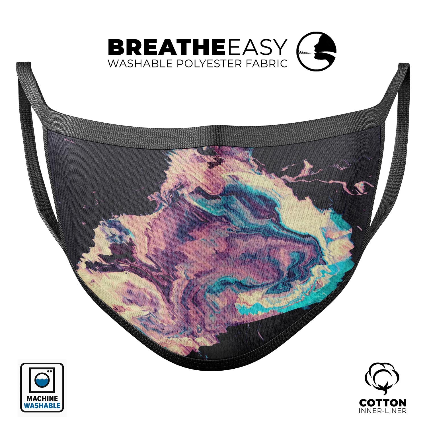 Liquid Abstract Paint Remix V18 face mask featuring vibrant colors and a 3D design, made from soft cotton and adjustable ear loops.