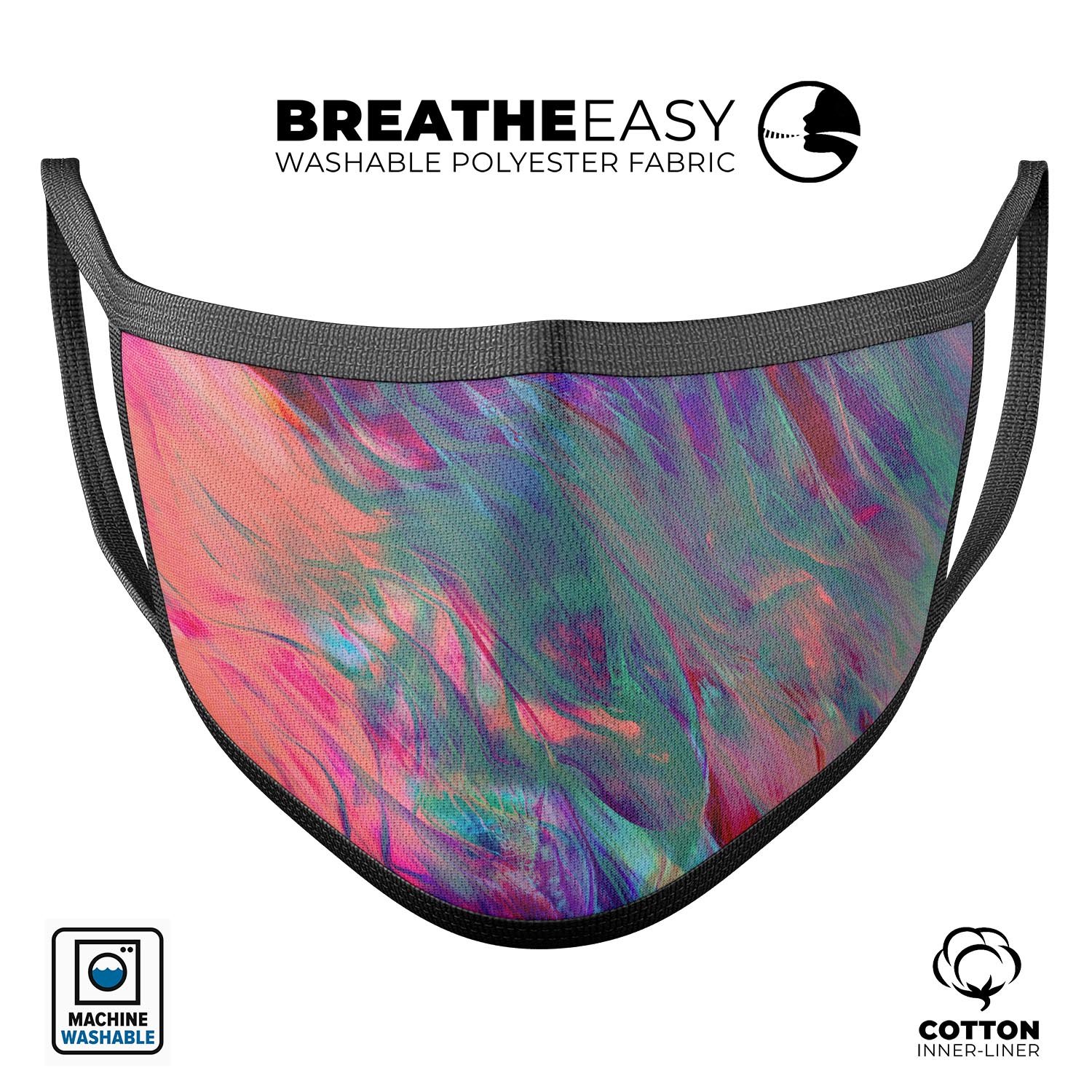 Liquid Abstract Paint Remix V19 face mask, featuring vibrant dye-sublimated design, adjustable ear loops, and made from soft cotton.