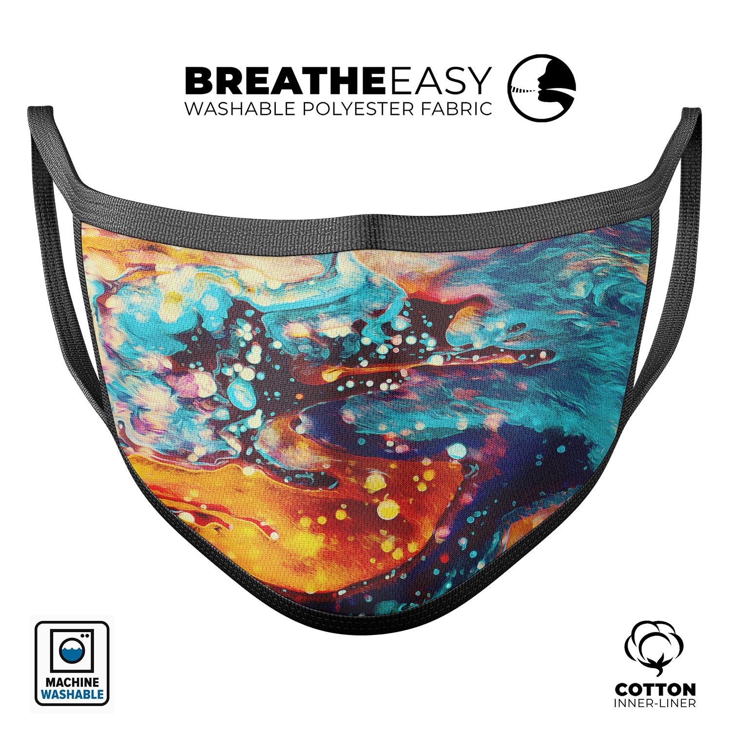 Liquid Abstract Paint Remix V22 face mask featuring vibrant colors and adjustable ear loops, made in the USA.