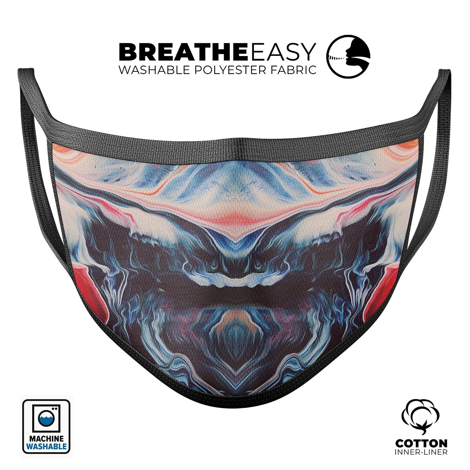 Liquid Abstract Paint Remix V23 reusable face mask featuring vibrant colors and adjustable ear loops, made in the USA.