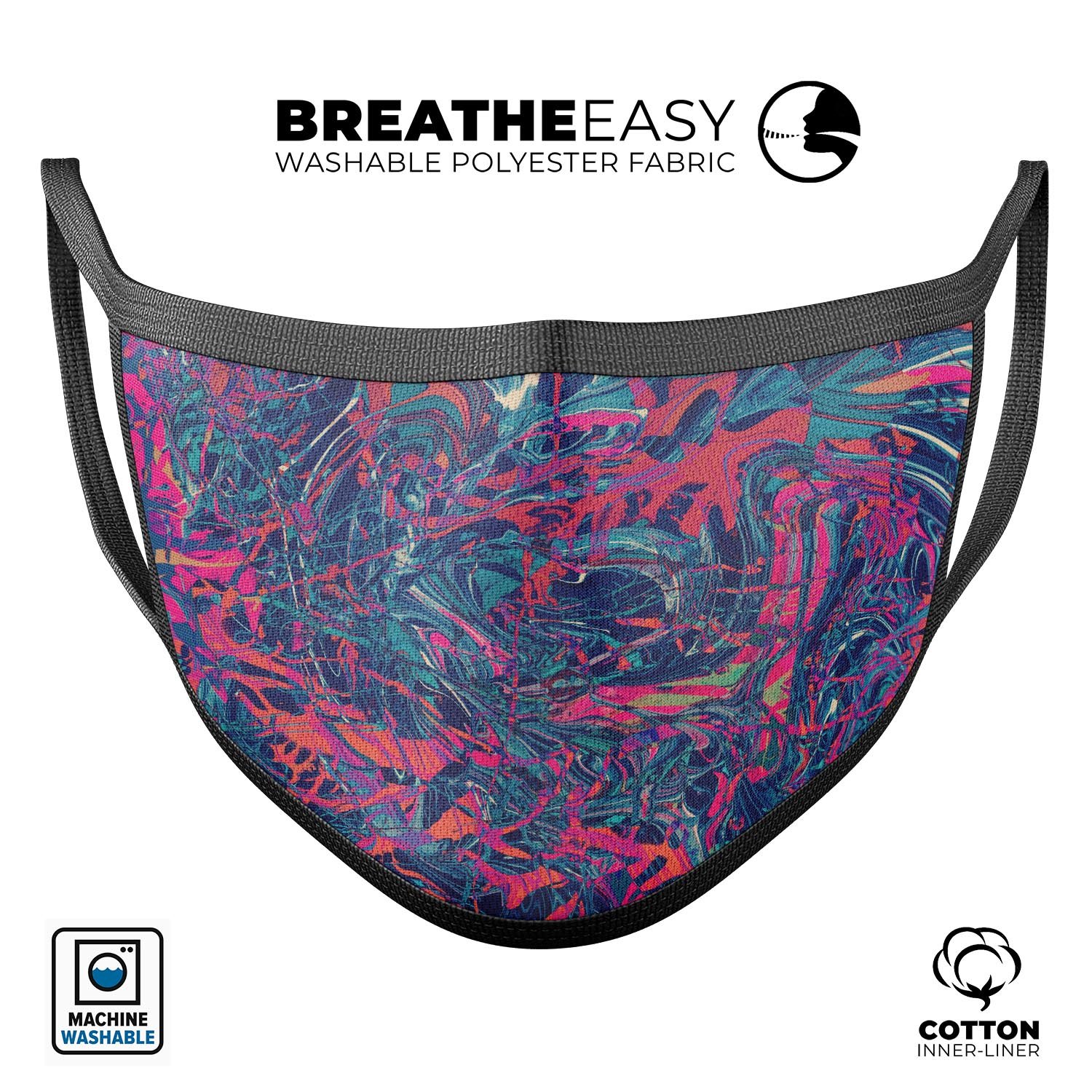 Liquid Abstract Paint Remix V25 reusable face mask, featuring vibrant colors and a comfortable design, made in the USA.