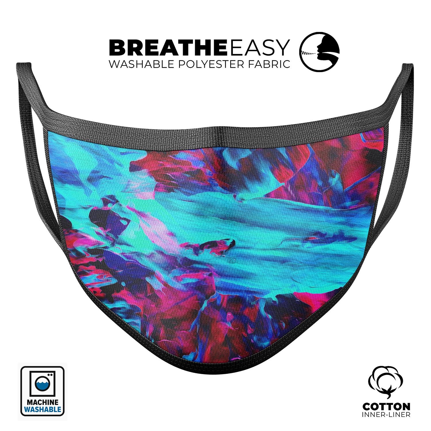 Liquid Abstract Paint Remix V32 face mask featuring vibrant colors and a comfortable design, made in the USA.