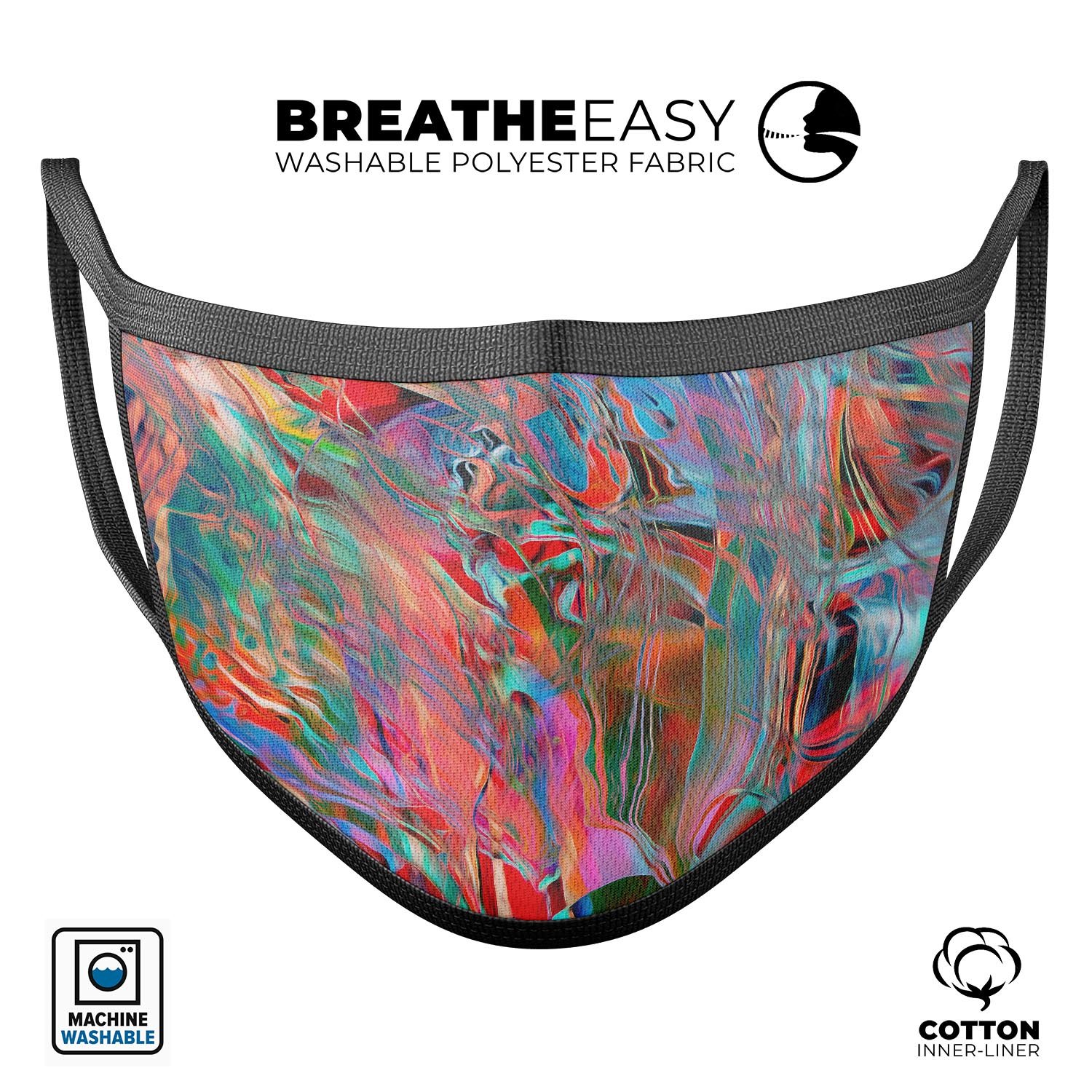 Liquid Abstract Paint Remix V45 face mask, featuring vibrant colors and a comfortable design, made in the USA.