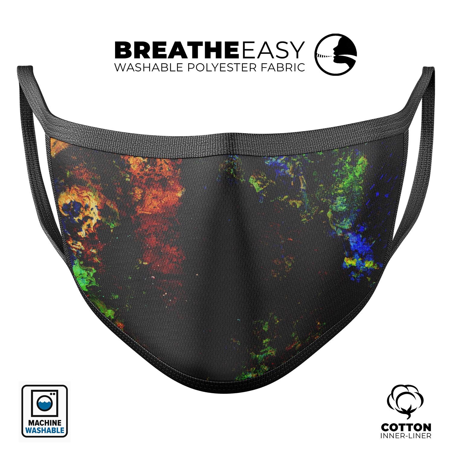 Liquid Abstract Paint Remix V53 face mask featuring vibrant colors and a 3D design, made from 100% cotton and adjustable ear loops.