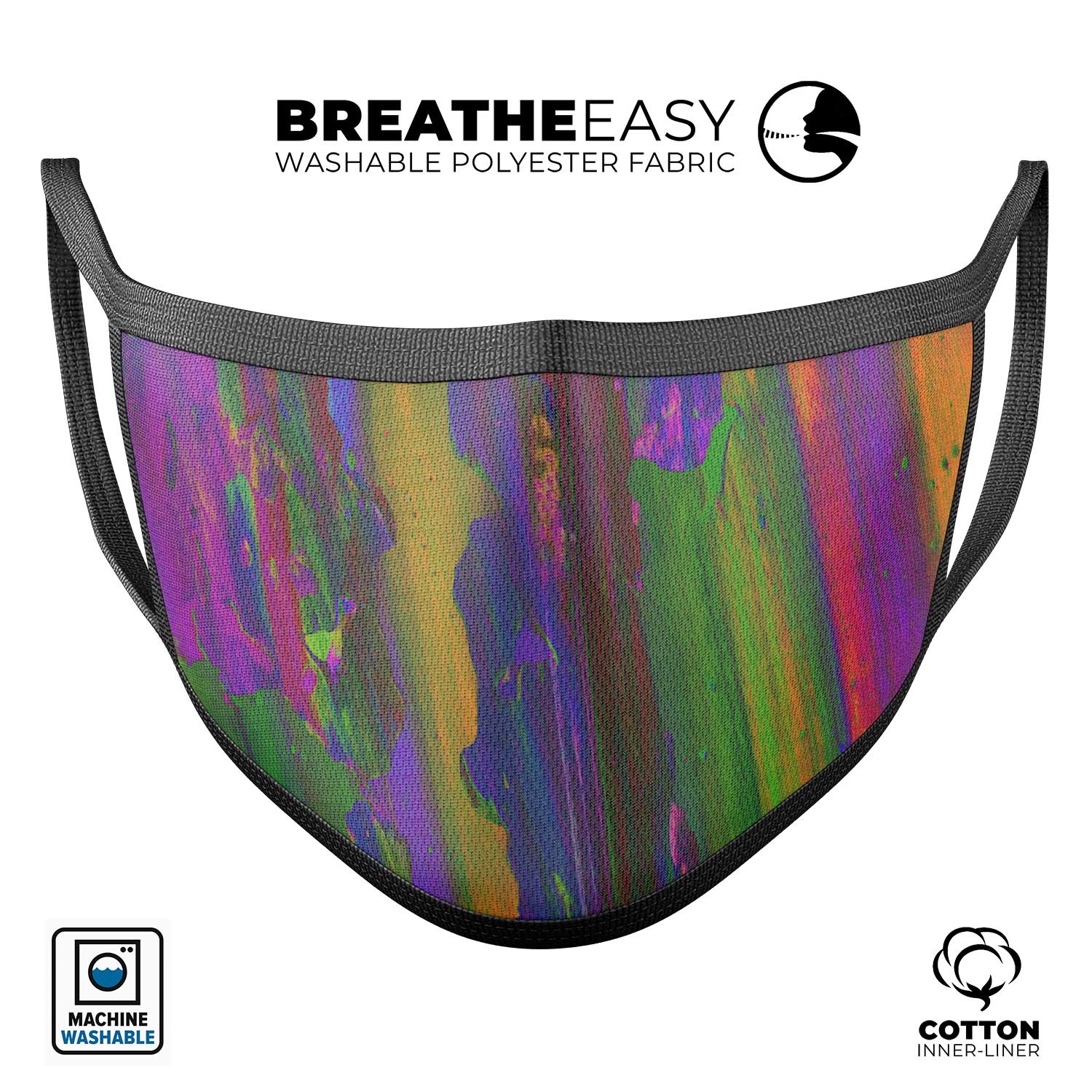 Liquid Abstract Paint Remix V57 face mask, featuring a colorful abstract design, adjustable ear loops, and made from soft cotton material.