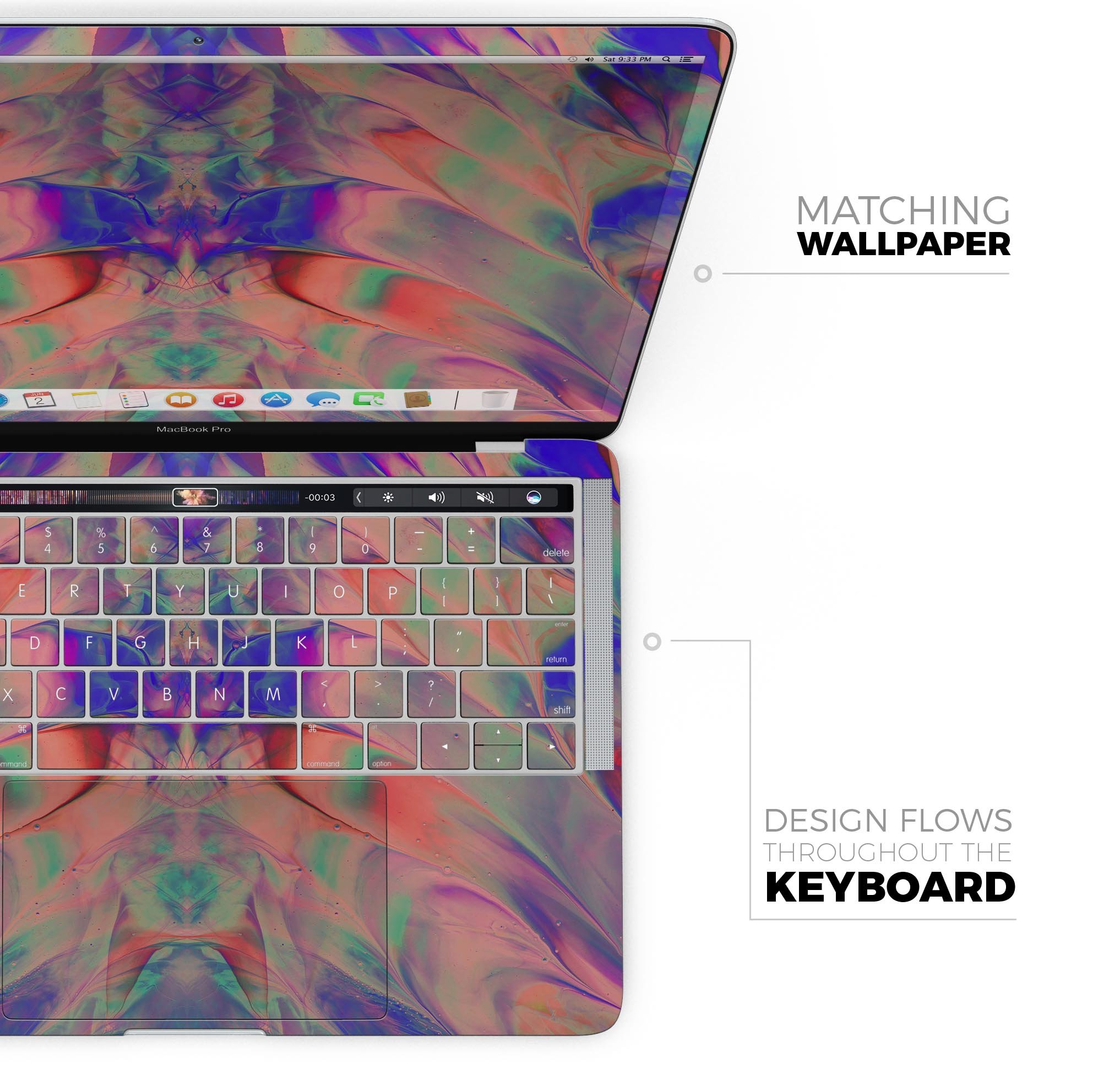 Liquid Abstract Paint Remix V64 skin decal wrap kit for MacBook, showcasing vibrant colors and a sleek design.