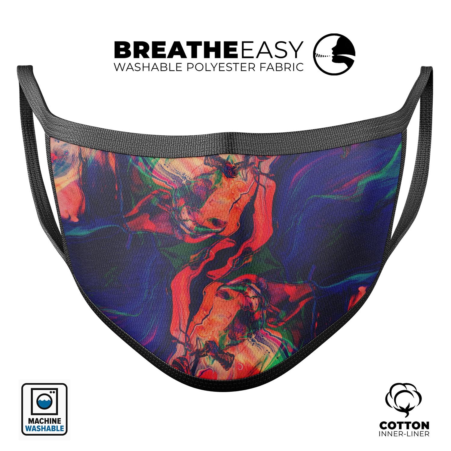 Liquid Abstract Paint Remix V7 face mask featuring a colorful abstract design, made from soft cotton and memory foam for comfort.