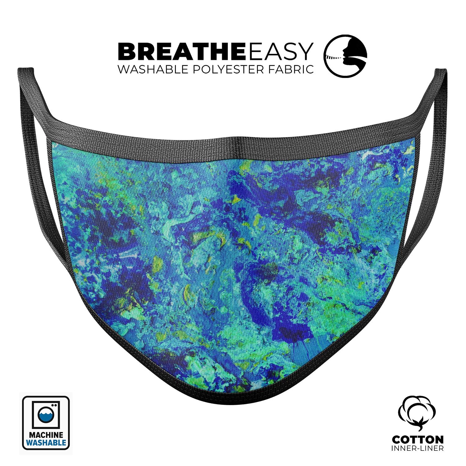Liquid Abstract Paint Remix V86 unisex mouth cover, featuring vibrant dye-sublimated design, adjustable ear loops, and soft cotton material.