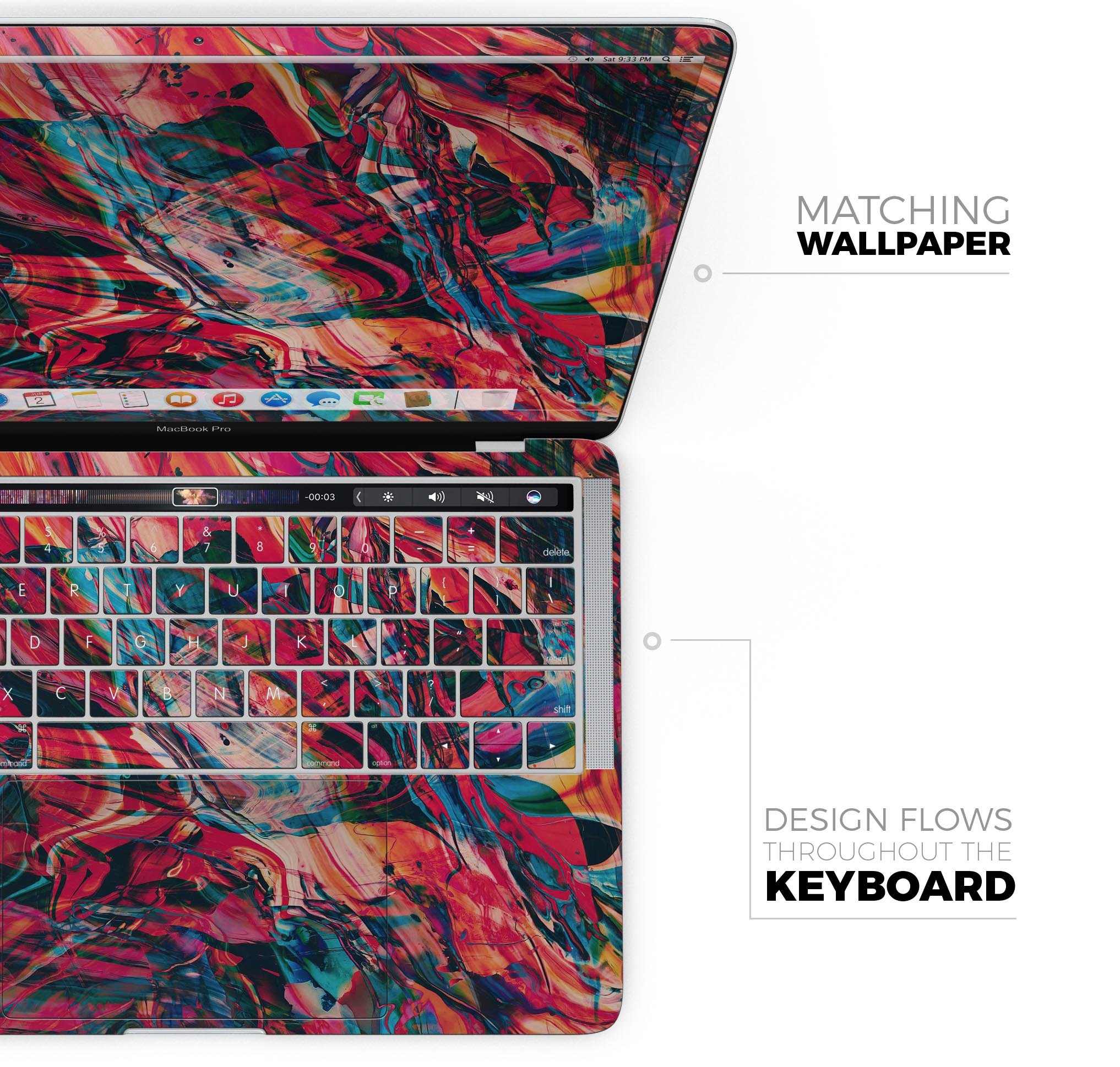 Liquid Abstract Paint Remix V87 skin decal wrap kit for MacBook, showcasing vibrant colors and a sleek design.