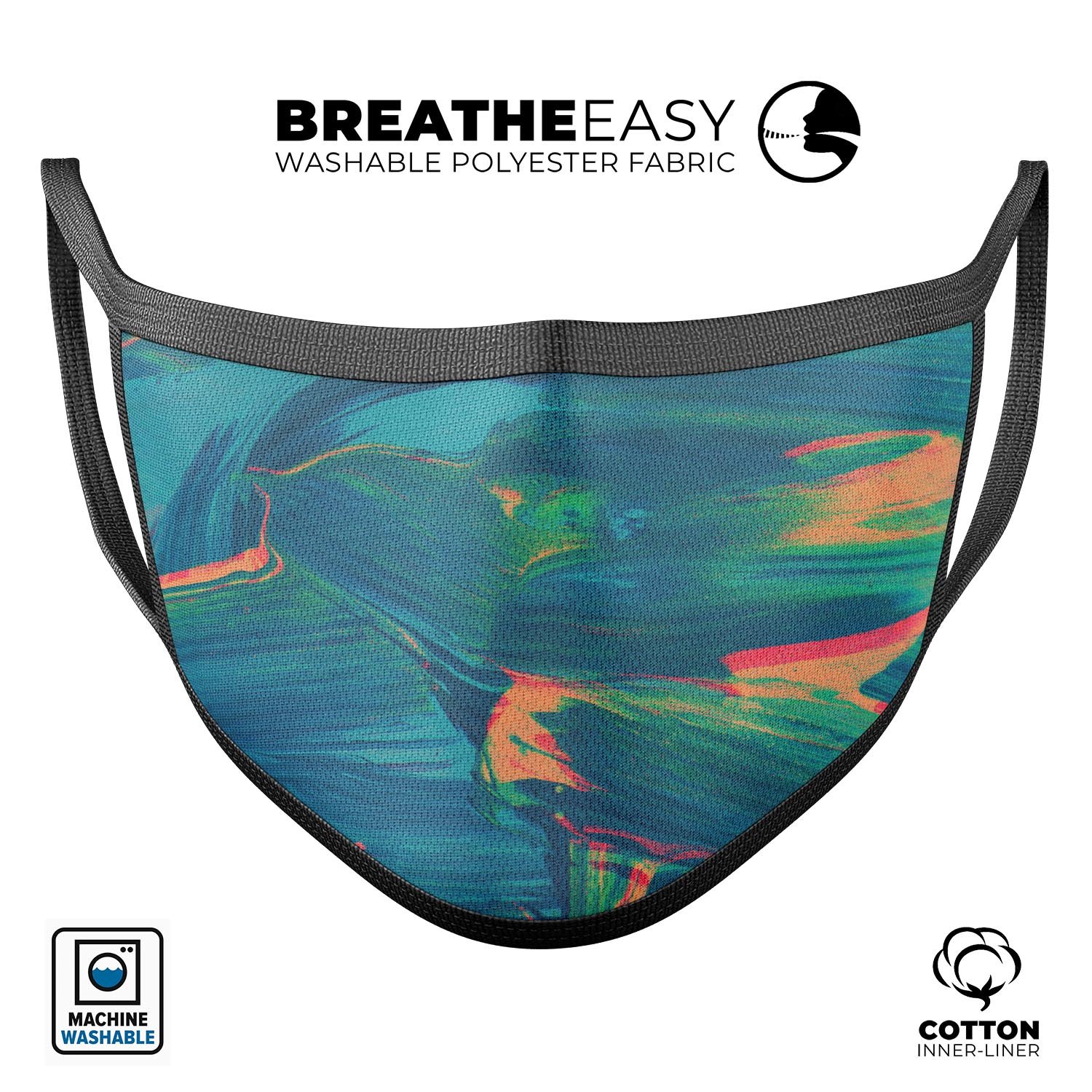 Liquid Abstract Paint Remix V89 face mask, featuring vibrant colors and a comfortable design, made in the USA.