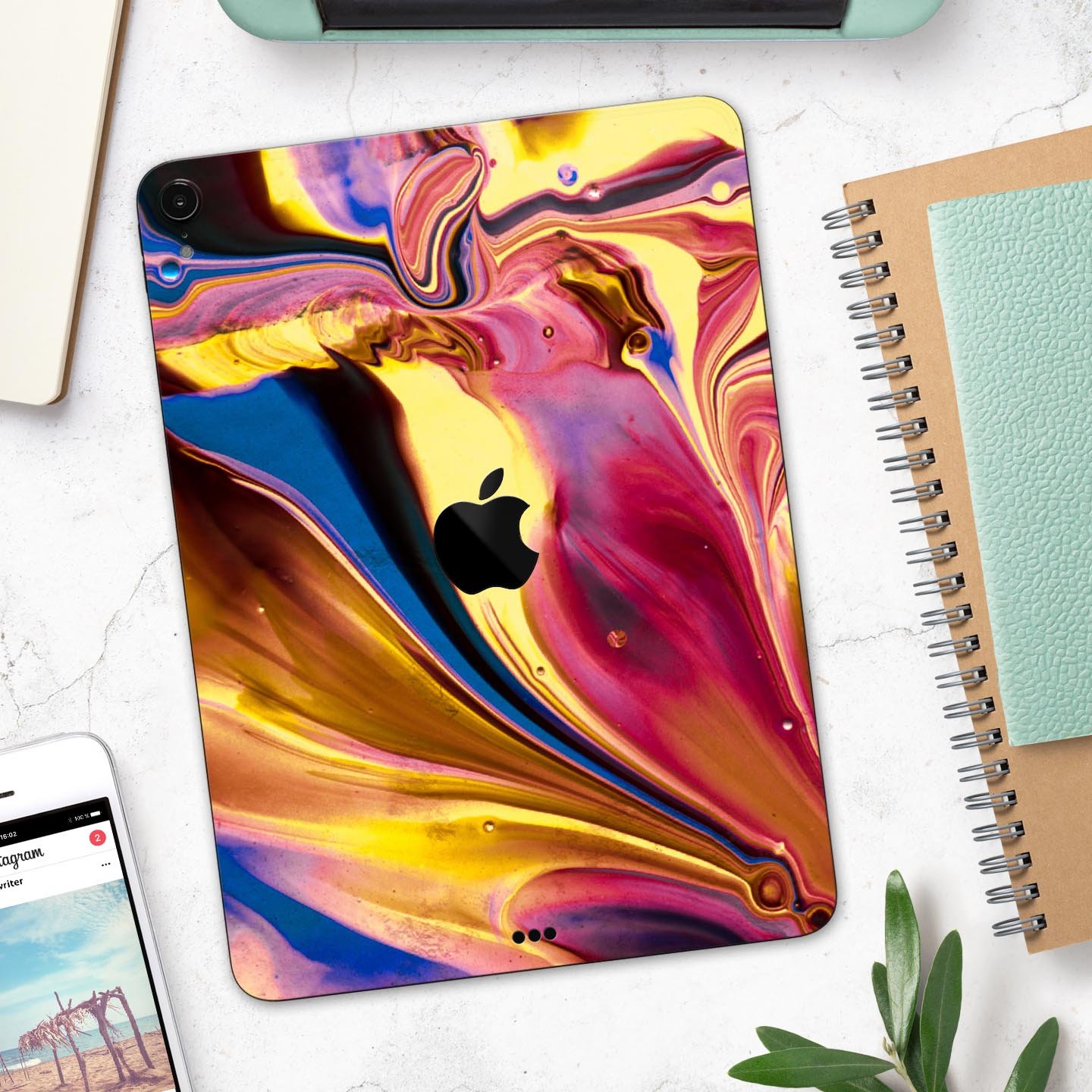 Liquid Abstract Paint V11 skin decal for Apple iPad, showcasing vibrant colors and a sleek design, made from premium 3M materials.