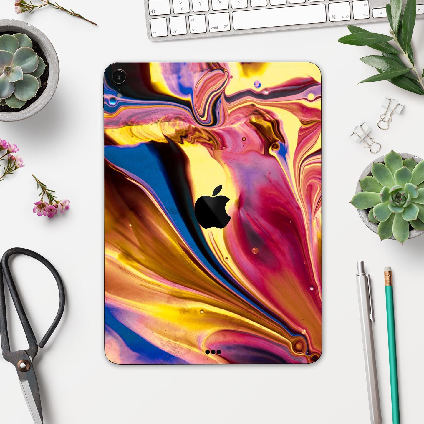 Liquid Abstract Paint V11 skin decal for Apple iPad, showcasing vibrant colors and a sleek design, made from premium 3M materials.