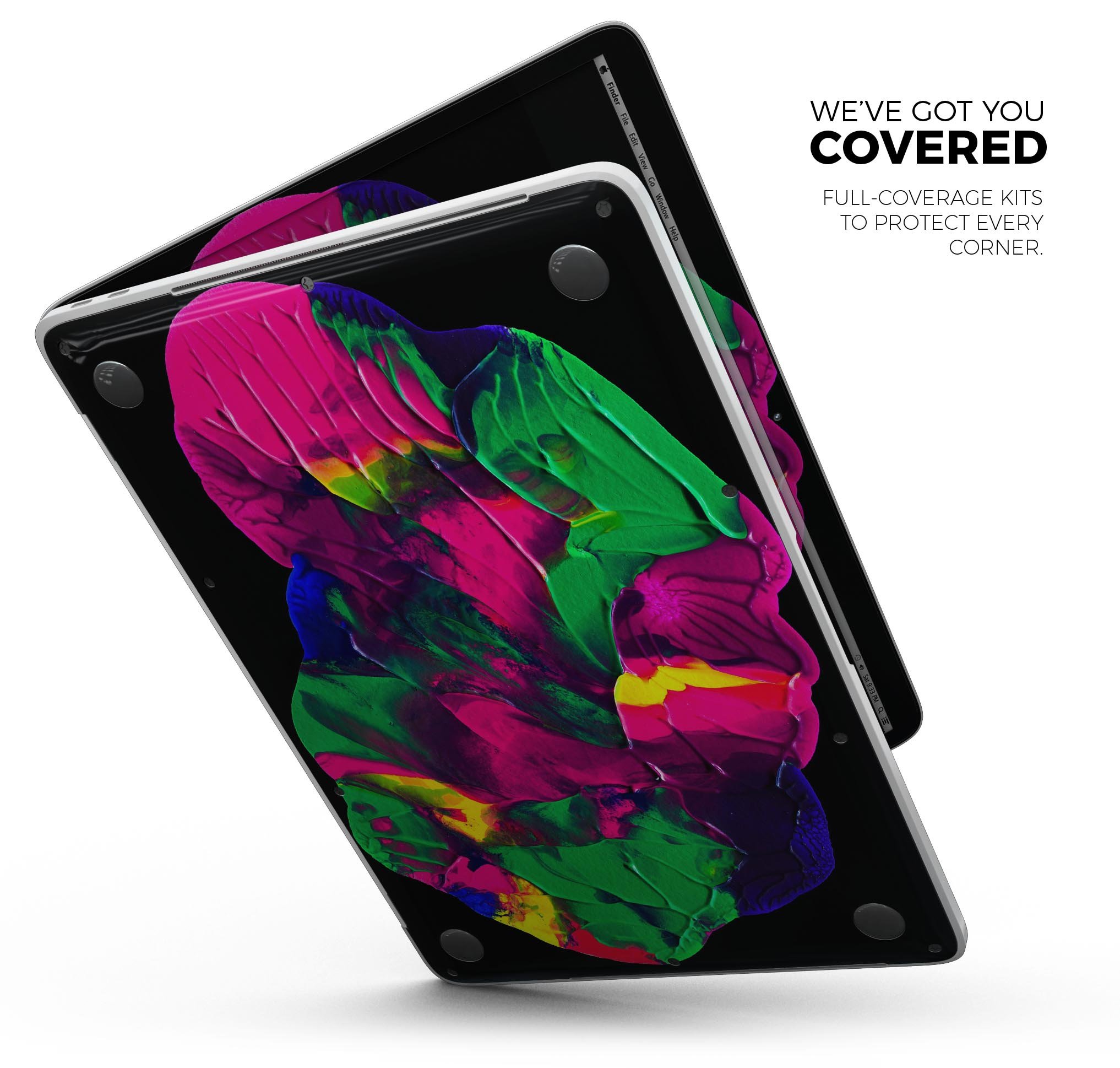 Liquid Abstract Paint V12 skin decal wrap kit for Apple MacBook, showcasing vibrant colors and a sleek design.