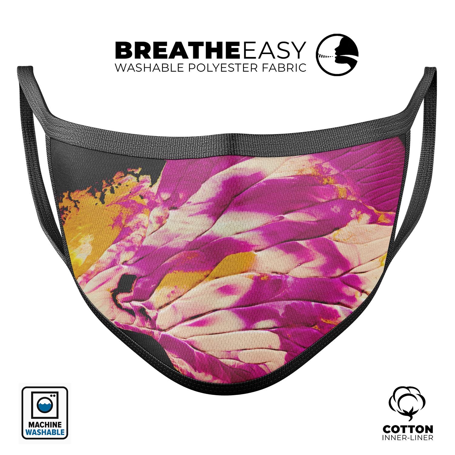 Liquid Abstract Paint V15 mouth cover, a stylish and comfortable anti-dust mask made in the USA, featuring adjustable ear loops and vibrant design.
