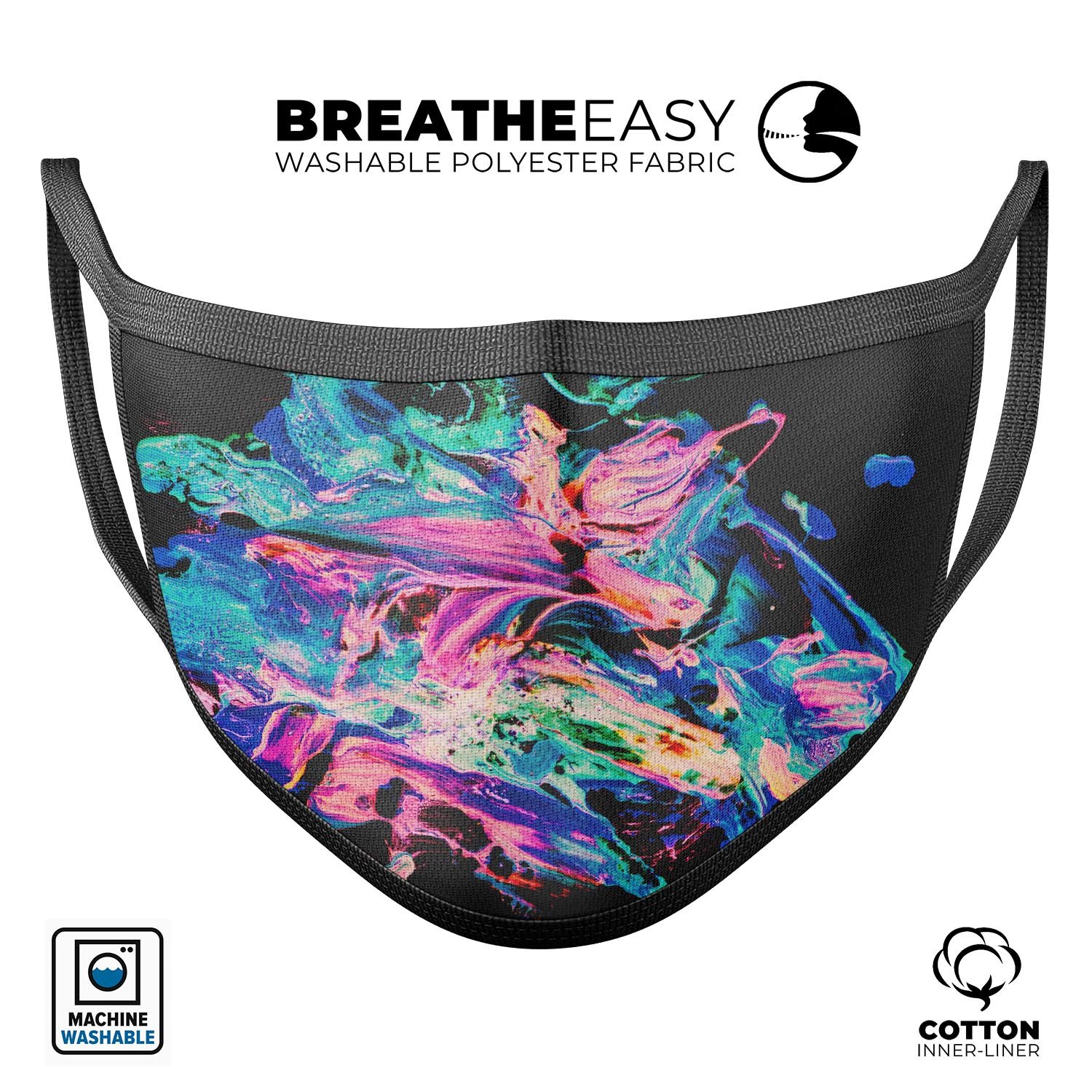 Liquid Abstract Paint V20 mouth cover, a stylish and comfortable unisex anti-dust mask made in the USA, featuring adjustable ear loops.