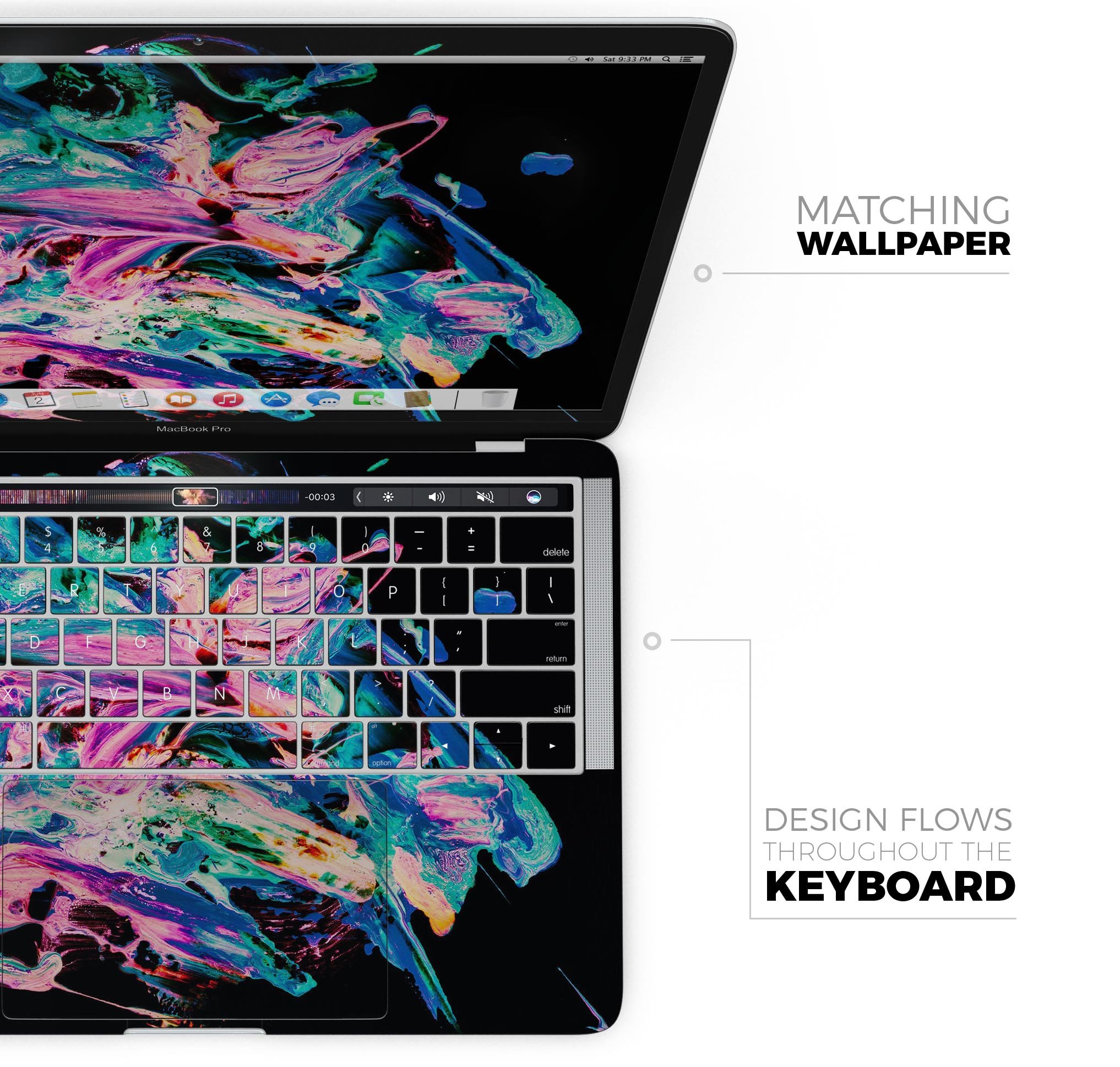 Liquid Abstract Paint V20 skin decal wrap kit for MacBook, showcasing vibrant colors and a sleek design.