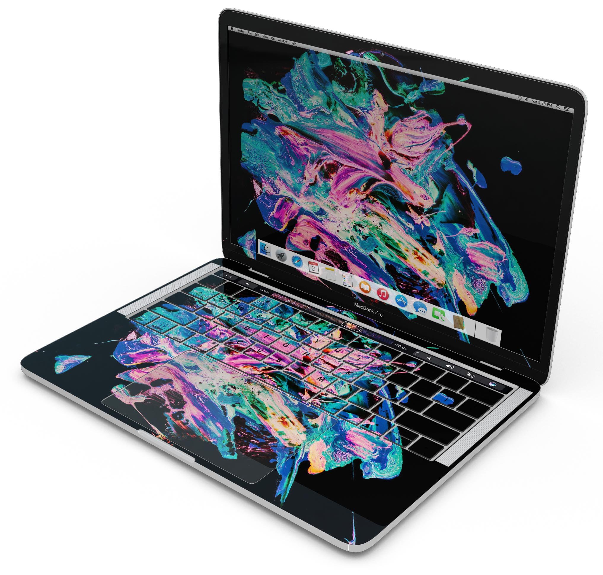 Liquid Abstract Paint V20 skin decal wrap kit for MacBook, showcasing vibrant colors and a sleek design.