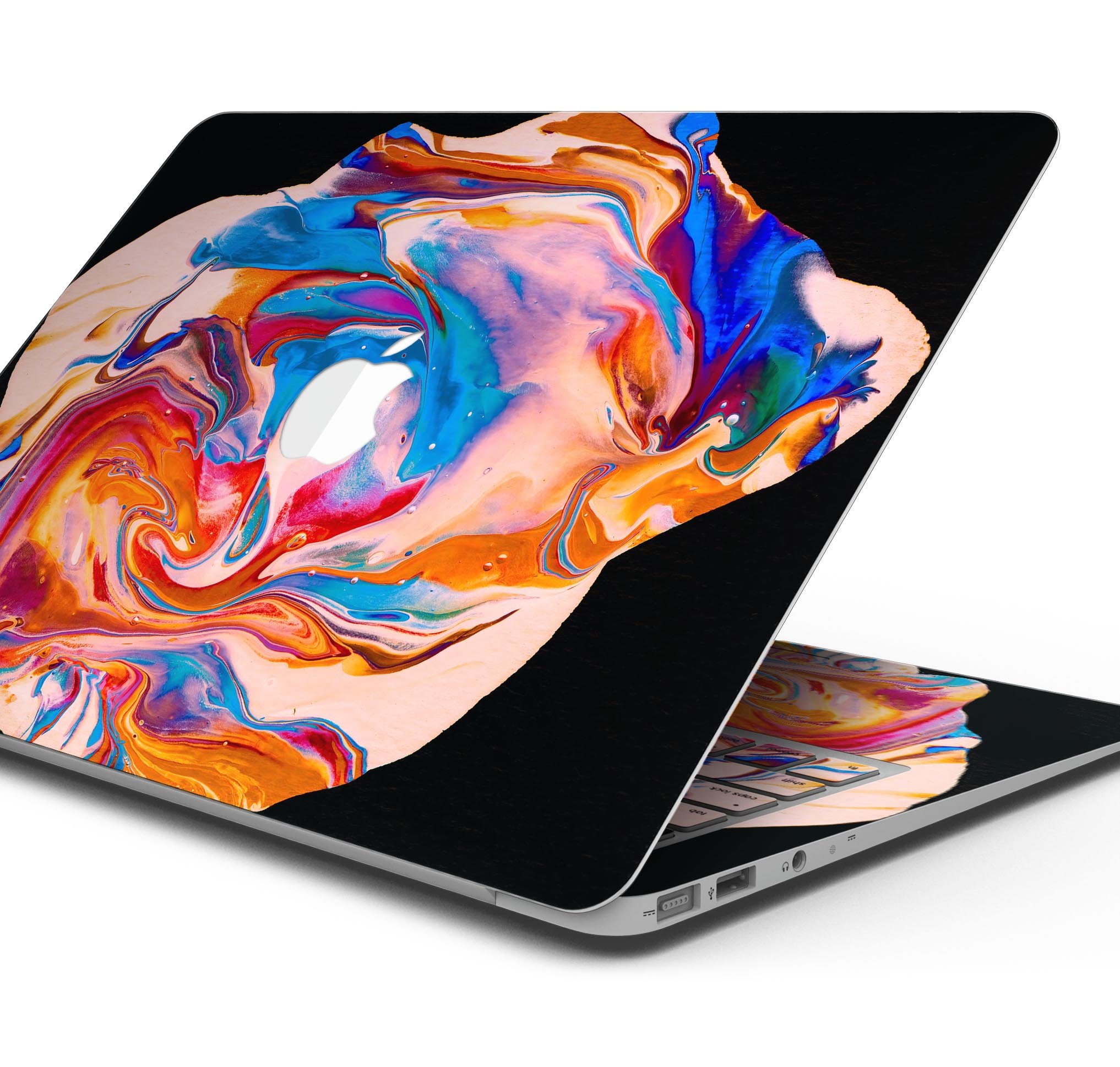 Liquid Abstract Paint V28 skin decal wrap kit for MacBook, showcasing vibrant colors and a sleek design.