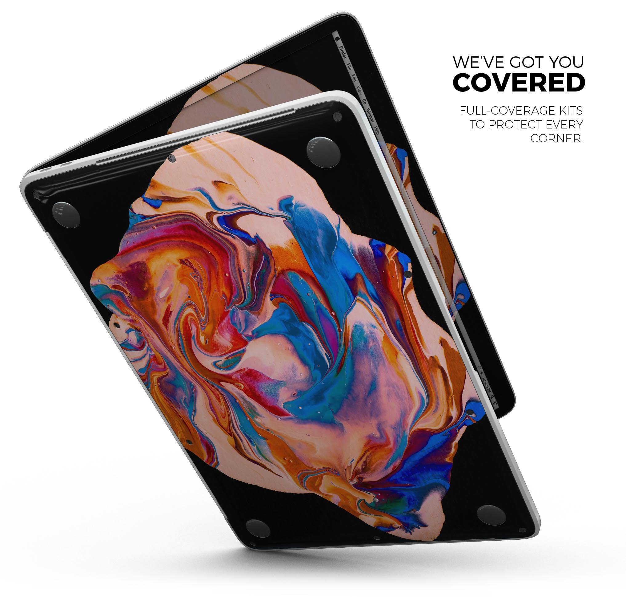 Liquid Abstract Paint V28 skin decal wrap kit for MacBook, showcasing vibrant colors and a sleek design.
