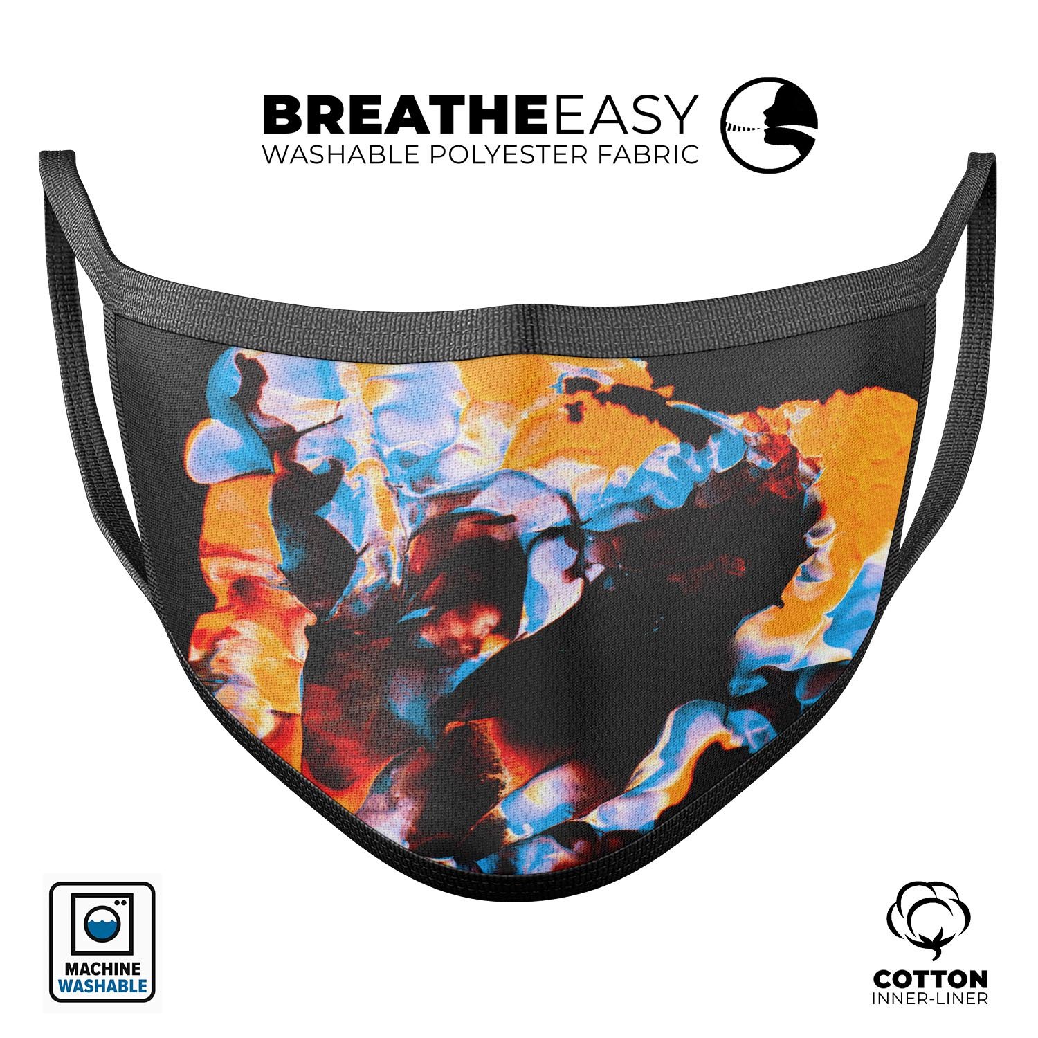 Liquid Abstract Paint V34 face mask, featuring a colorful abstract design, made of cotton with adjustable ear loops for a comfortable fit.