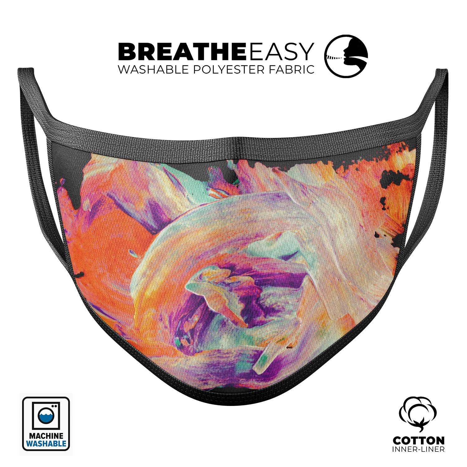 Liquid Abstract Paint V35 face mask featuring a colorful abstract design, made from 100% cotton and adjustable ear loops for a comfortable fit.