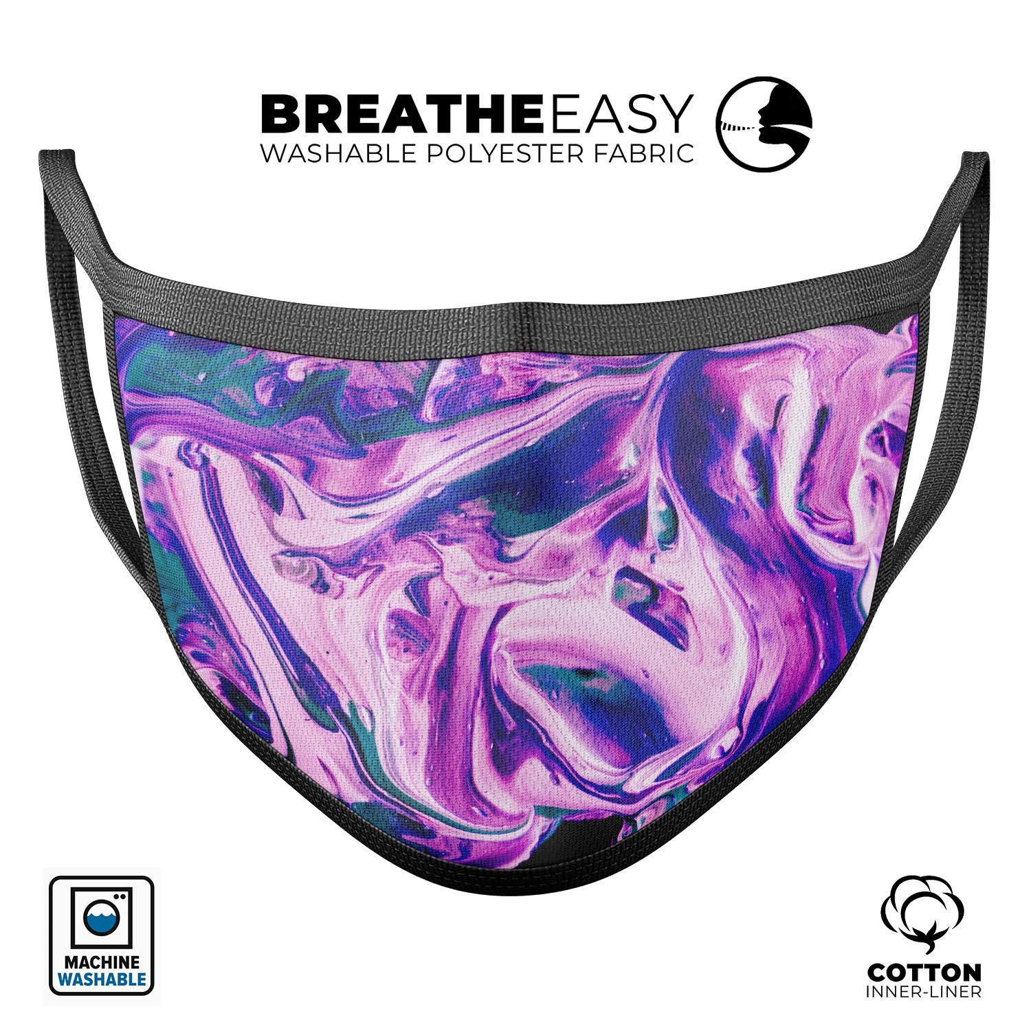 Liquid Abstract Paint V37 face mask, featuring a colorful abstract design, adjustable ear loops, and made from soft cotton material.