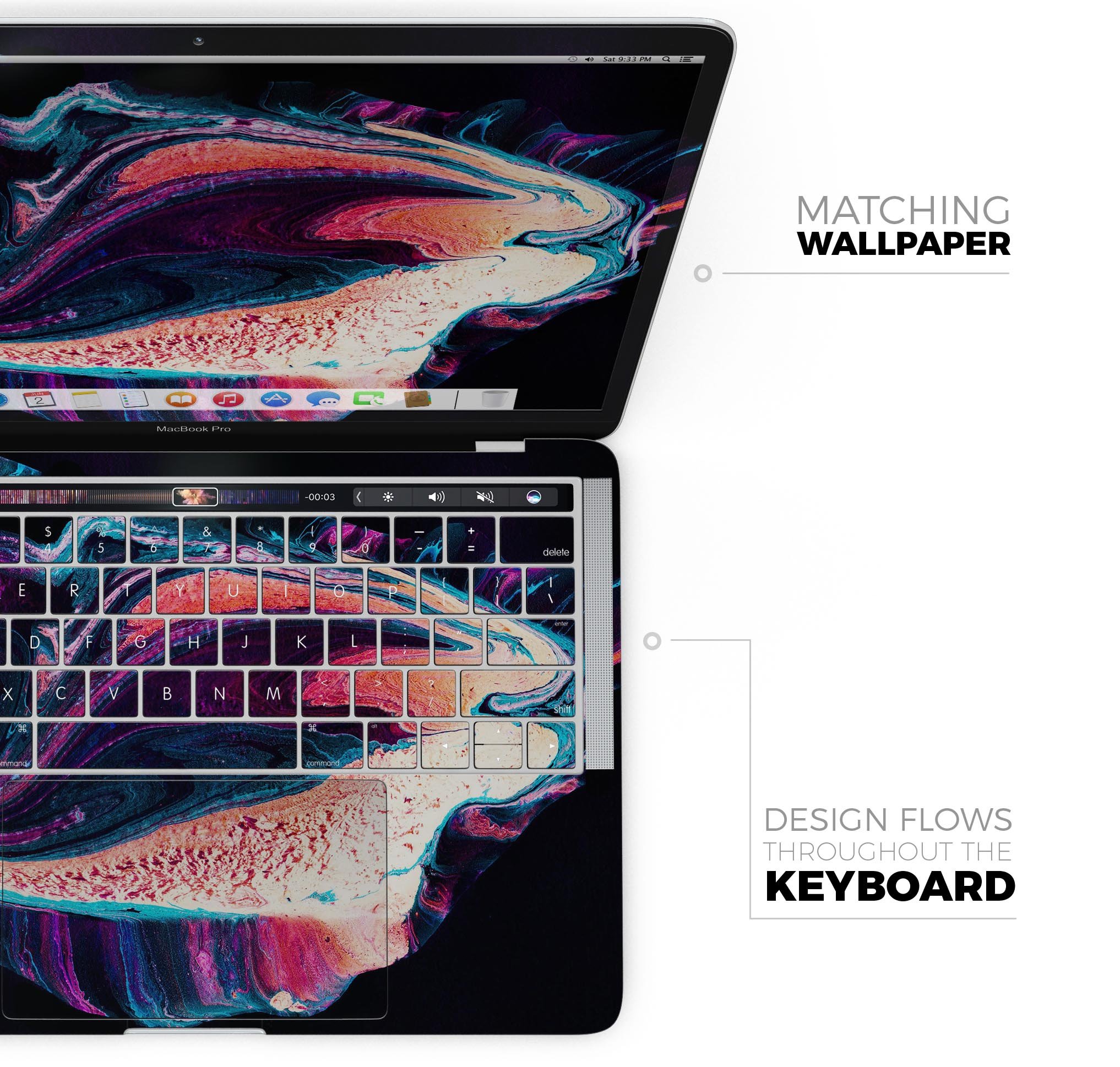 Liquid Abstract Paint V38 skin decal wrap kit for Apple MacBook, showcasing vibrant colors and a sleek design.
