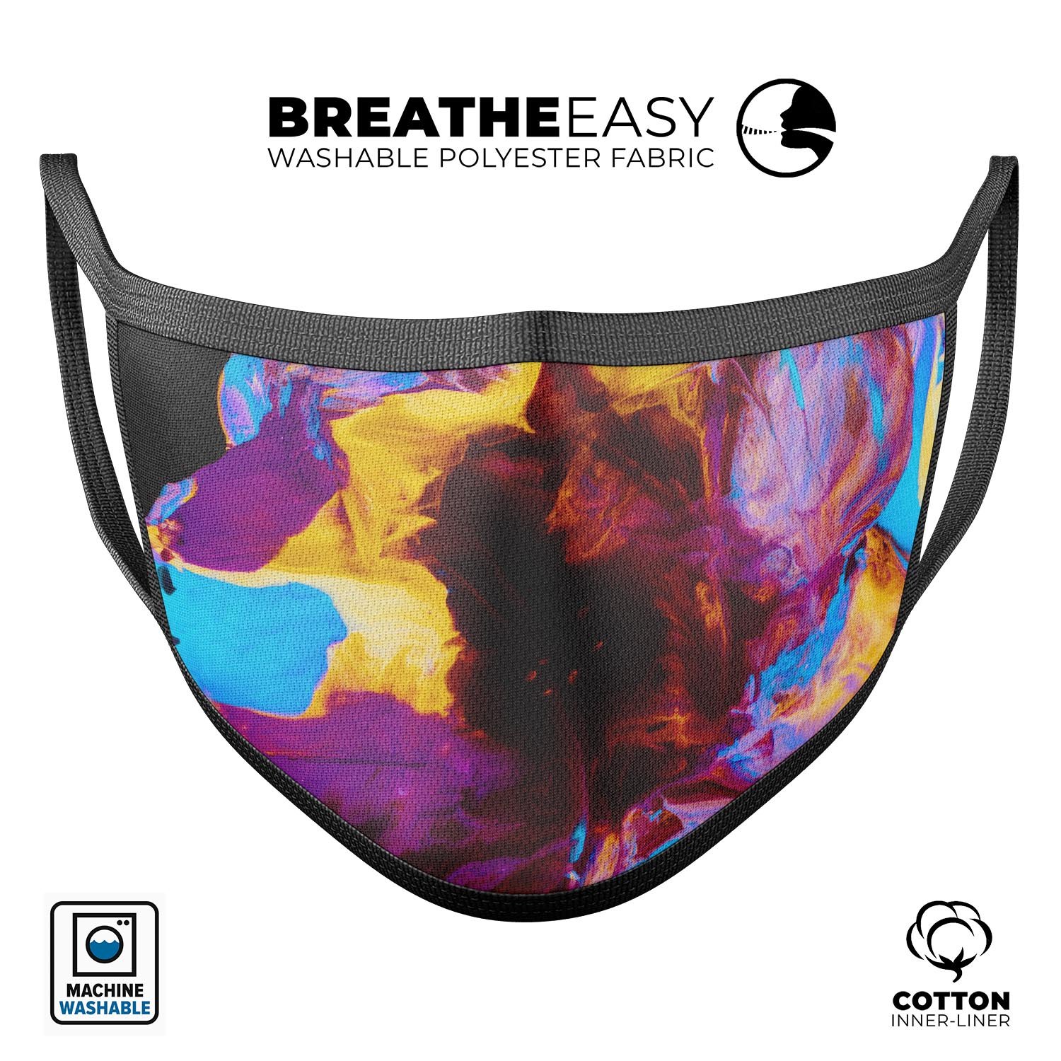 Liquid Abstract Paint V45 face mask featuring vibrant colors and a comfortable design, made in the USA.