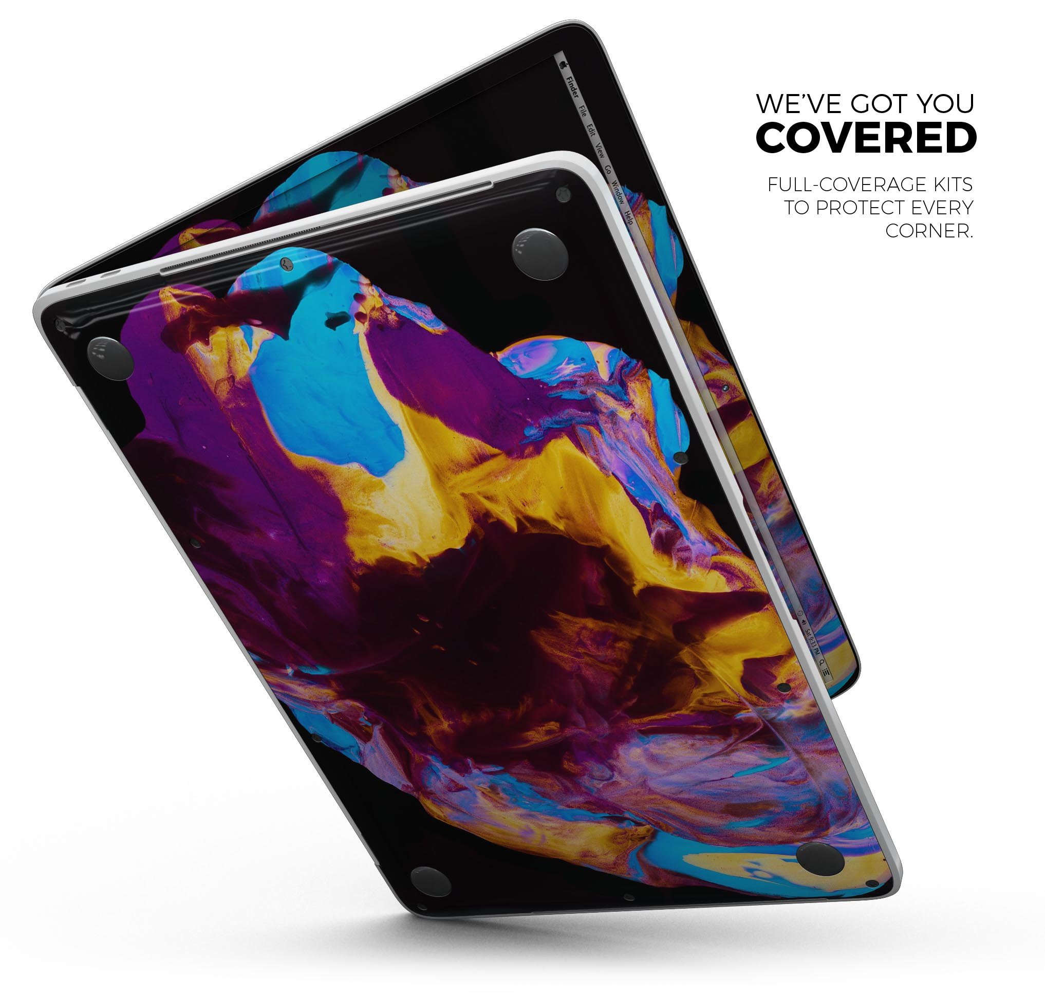 Liquid Abstract Paint V45 skin decal wrap kit for Apple MacBook, showcasing vibrant colors and a sleek design.