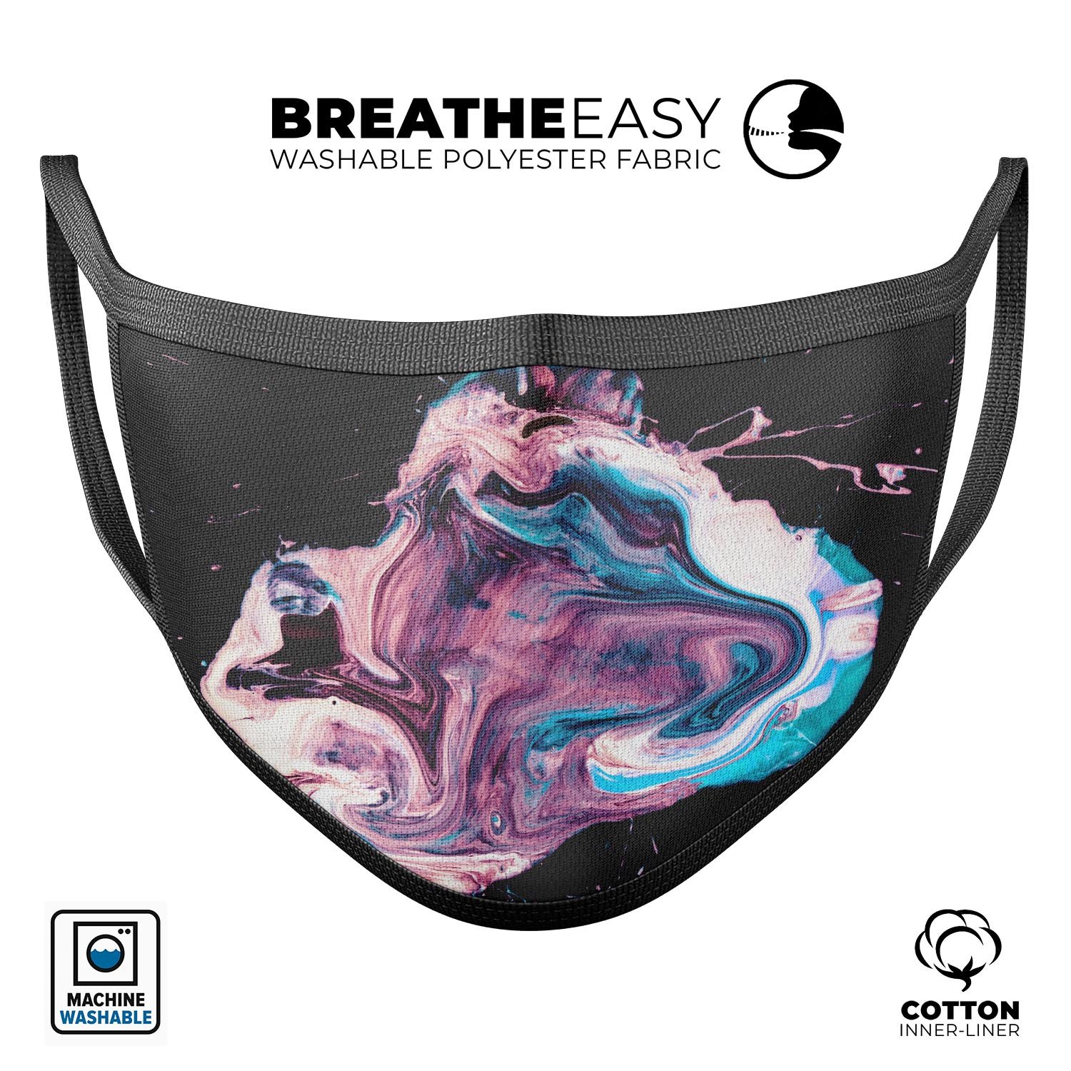 Liquid Abstract Paint V62 face mask featuring vibrant colors and a comfortable design, made in the USA.