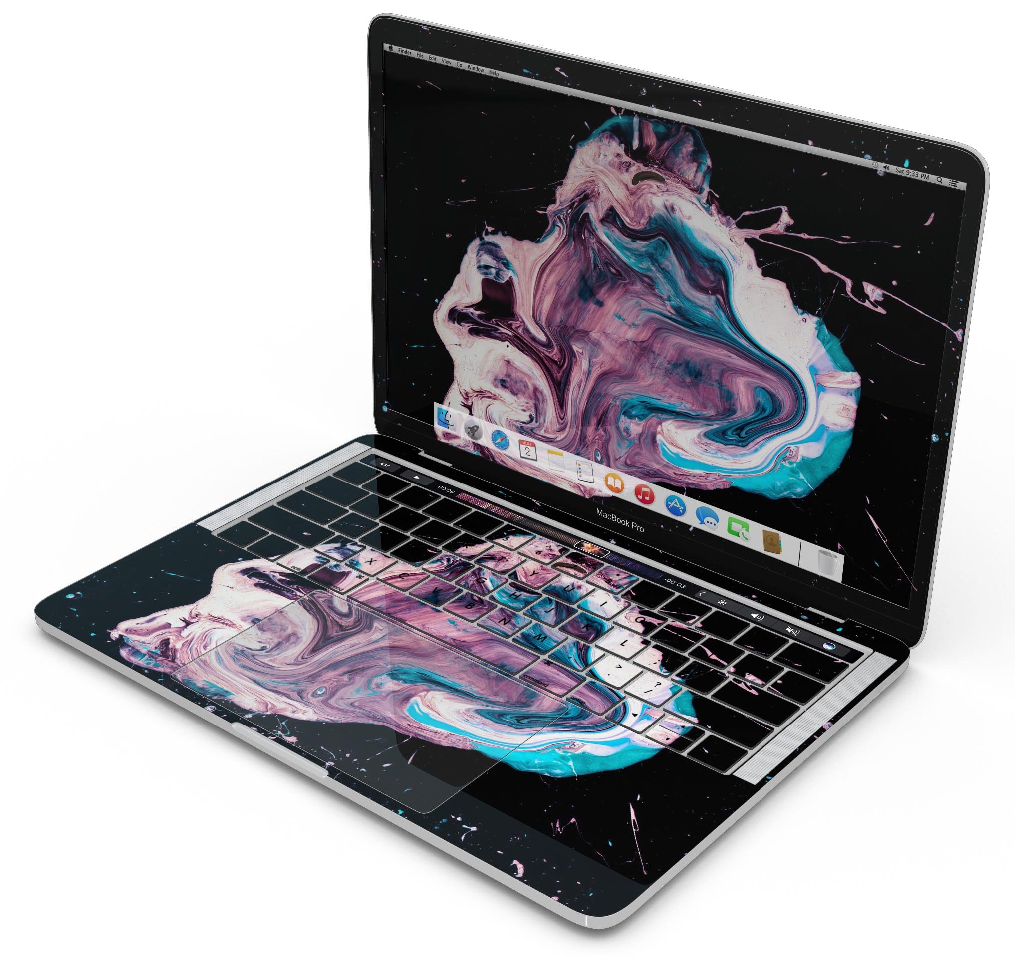 Liquid Abstract Paint V62 skin decal wrap kit for MacBook, showcasing vibrant colors and a sleek design.