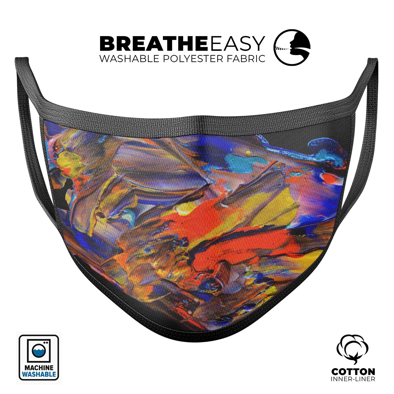 Liquid Abstract Paint V63 face mask featuring vibrant colors and a comfortable design, made in the USA.