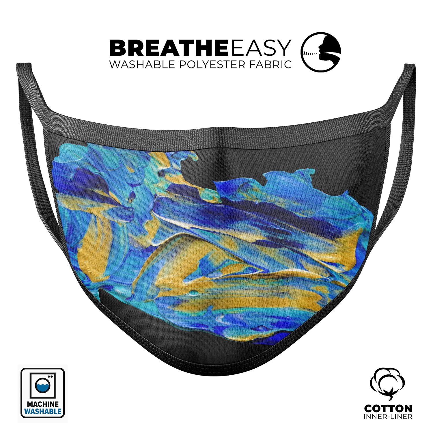 Liquid Abstract Paint V65 face mask, featuring a vibrant abstract design, made from memory foam and 100% cotton for comfort and breathability.