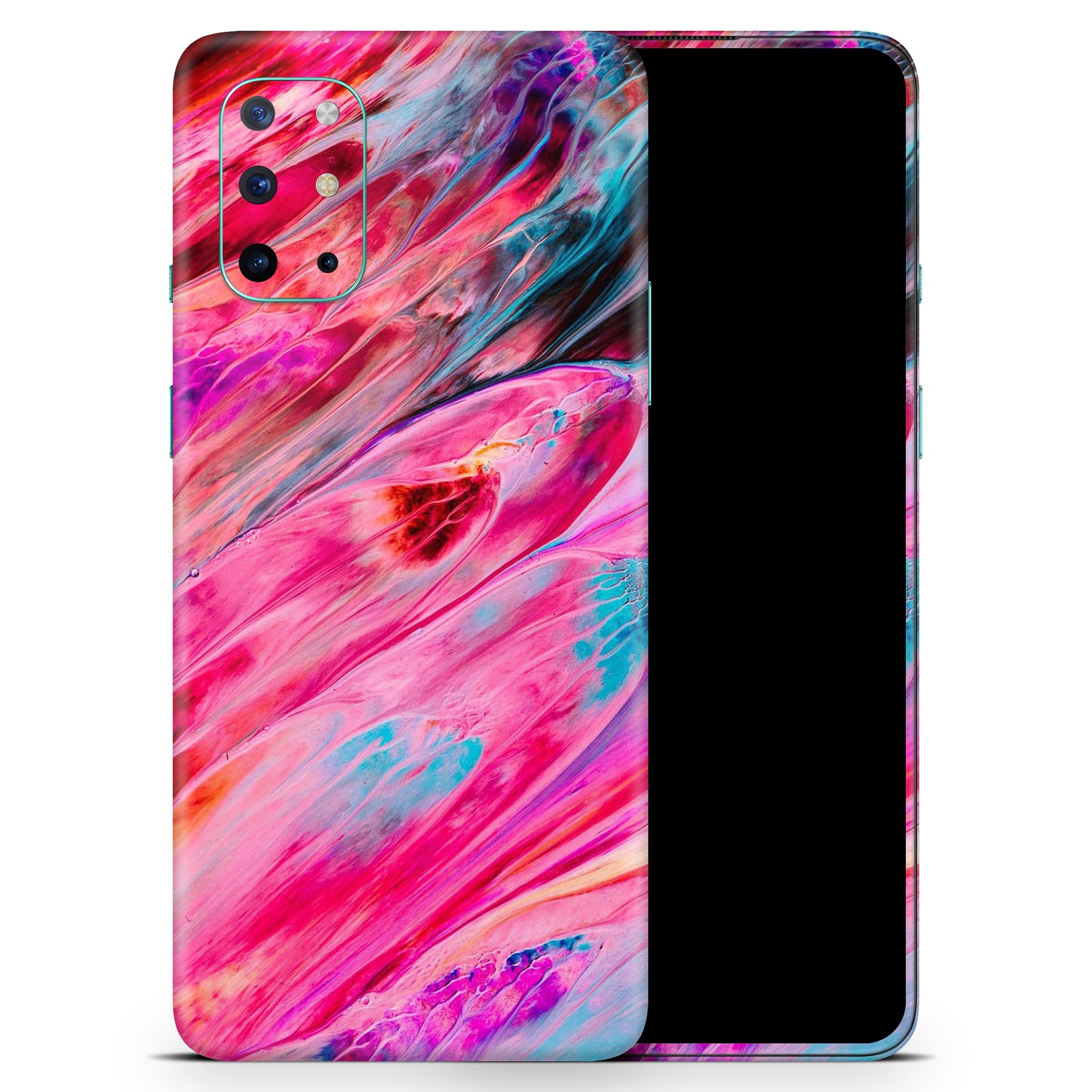 Liquid Abstract Paint V67 skin decal wrap kit for OnePlus phone, showcasing vibrant abstract design and matte finish.