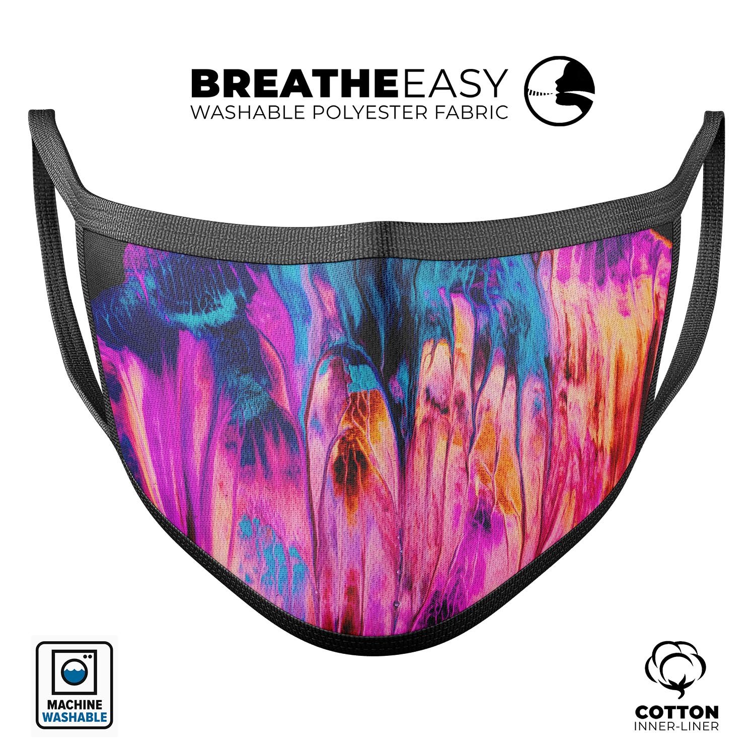 Liquid Abstract Paint V68 face mask featuring vibrant colors and a 3D design, made from soft cotton and memory foam for comfort.