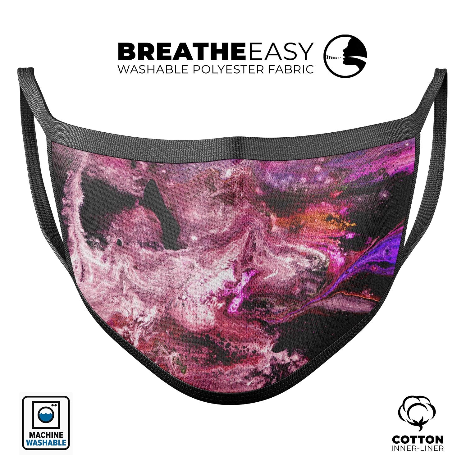 Liquid Abstract Paint V70 face mask, featuring a colorful abstract design, adjustable ear loops, and made from soft cotton material.