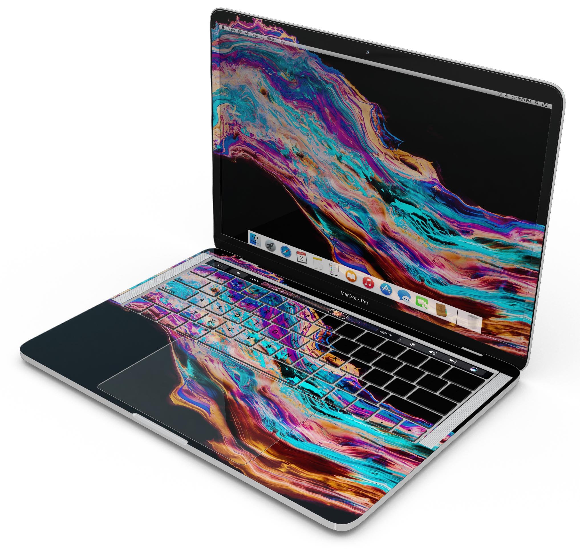 Liquid Abstract Paint V71 skin decal wrap kit for MacBook, showcasing vibrant colors and a sleek design.