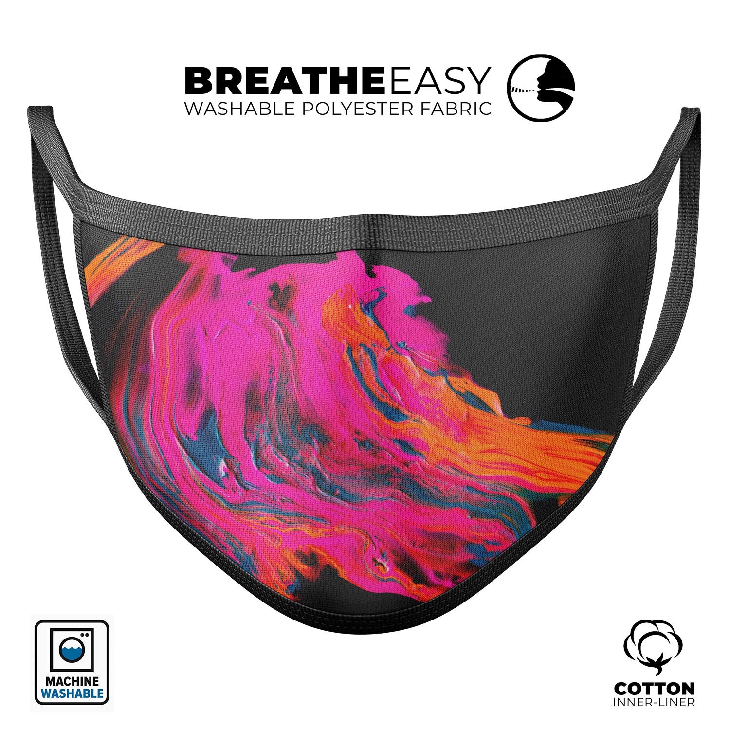 Liquid Abstract Paint V73 mouth cover, a stylish and comfortable anti-dust mask made in the USA, featuring adjustable ear loops and vibrant design.
