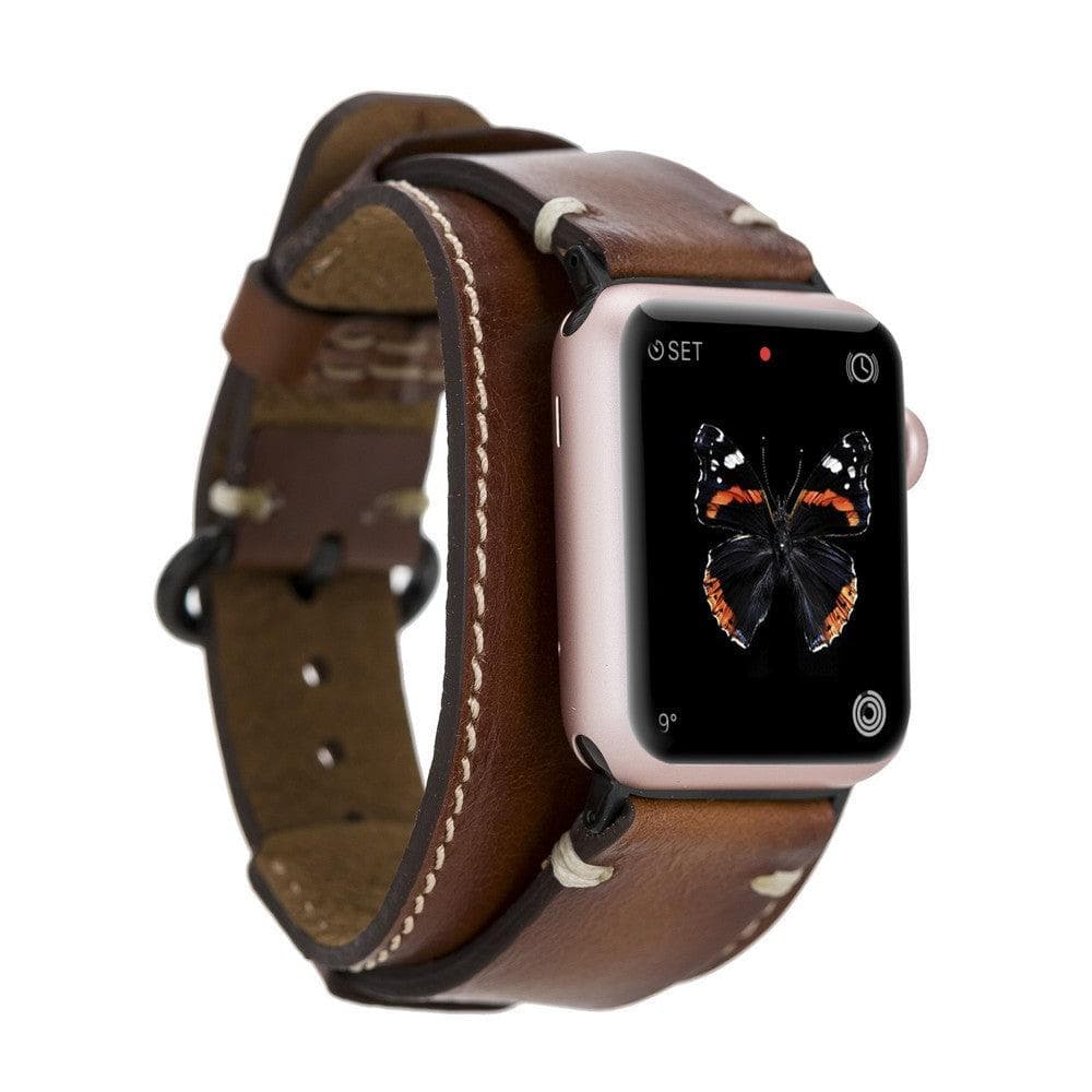 Lisburn Pulsar Apple Watch Leather Strap in premium full-grain leather with stainless steel buckle, showcasing personalization options.