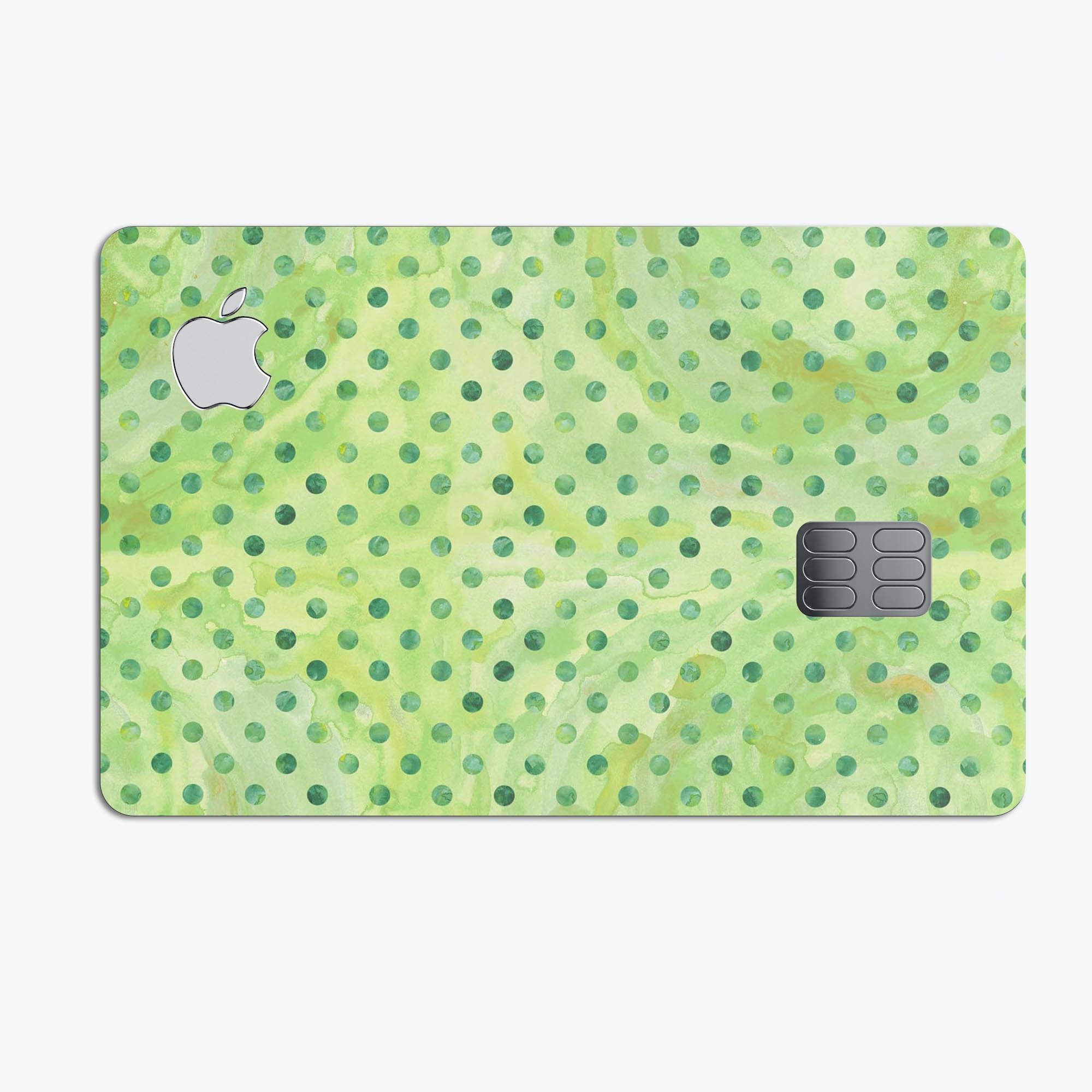 Little Green Watercolor Polka Dots skin for Apple Card, showcasing vibrant colors and a protective design.