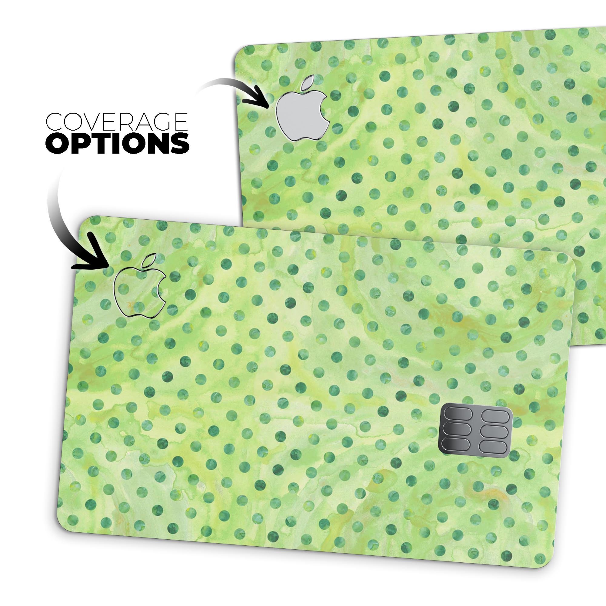 Little Green Watercolor Polka Dots skin for Apple Card, showcasing vibrant colors and a protective design.