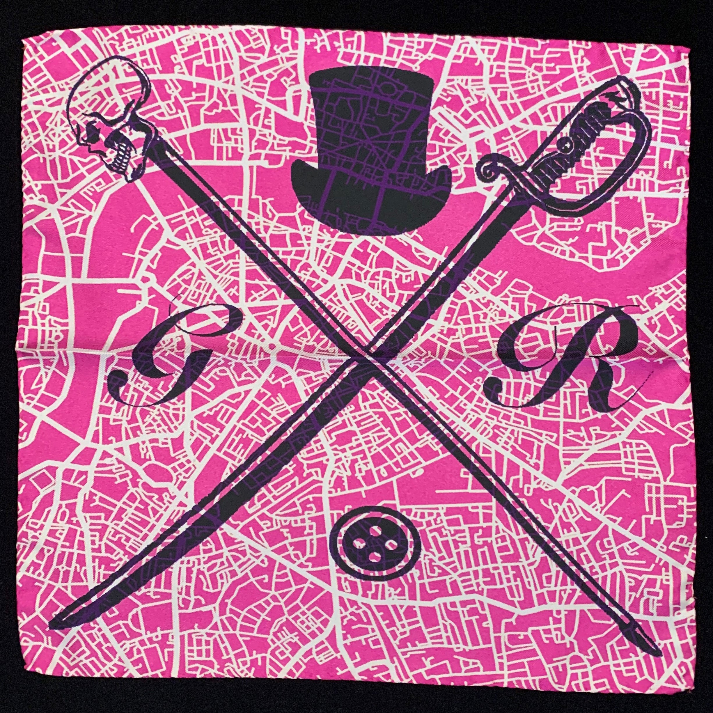 London Street Map Pink Pocket Square made of 100% silk featuring a detailed map design and Gentleman Rogue logo.