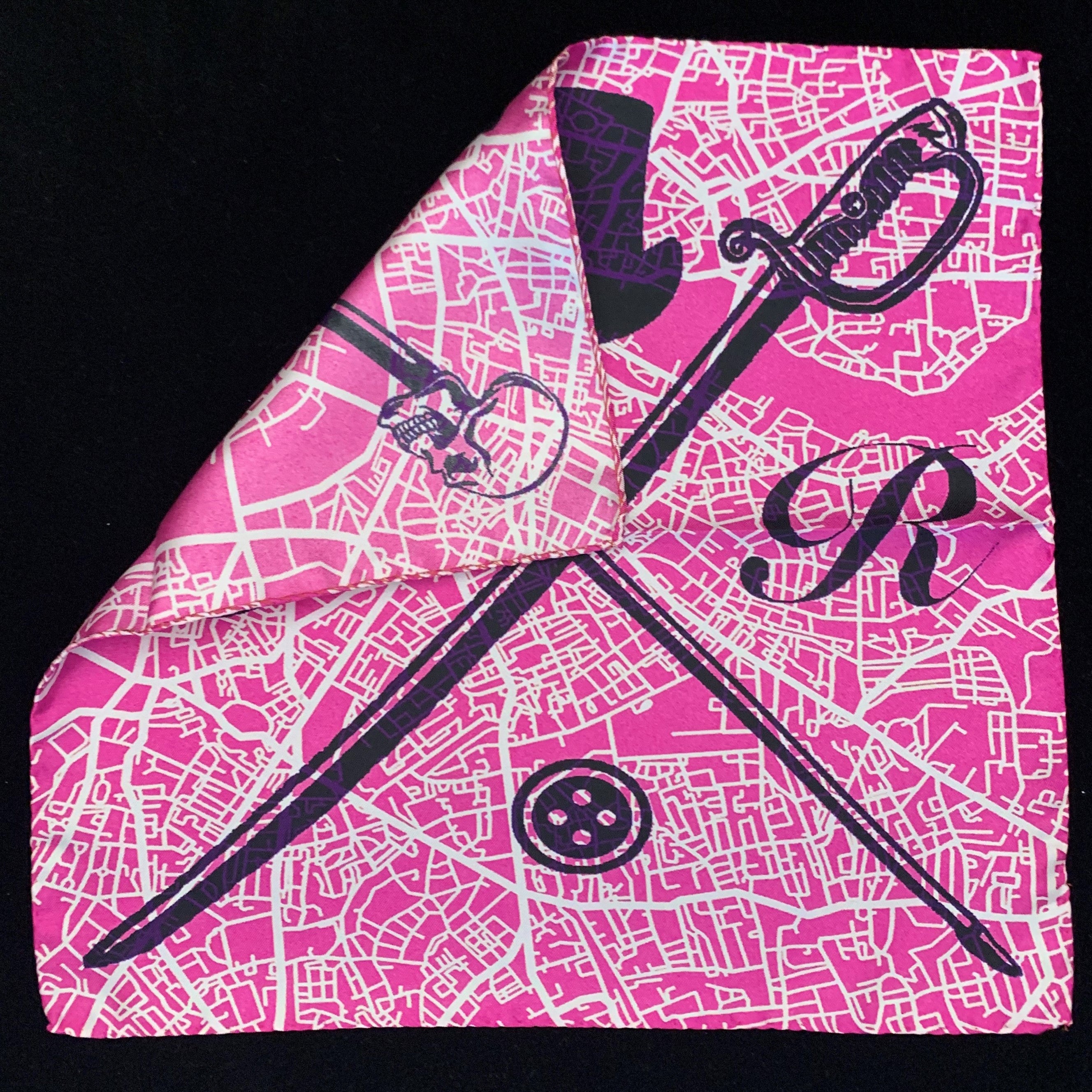 London Street Map Pink Pocket Square made of 100% silk featuring a detailed map design and Gentleman Rogue logo.