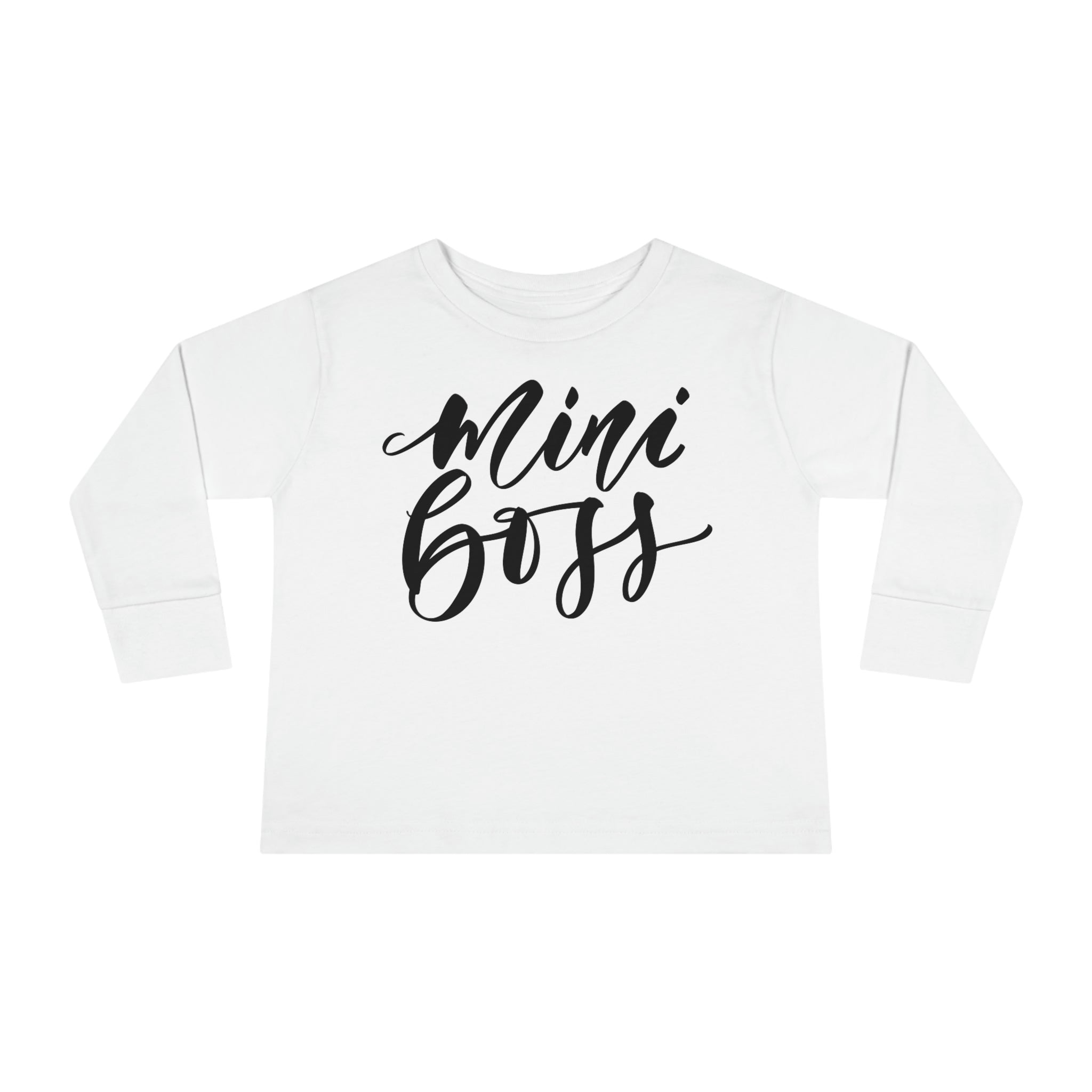 Long Sleeve Graphic T-Shirt for Toddlers in black featuring a Mini Boss print, made from soft cotton for comfort.