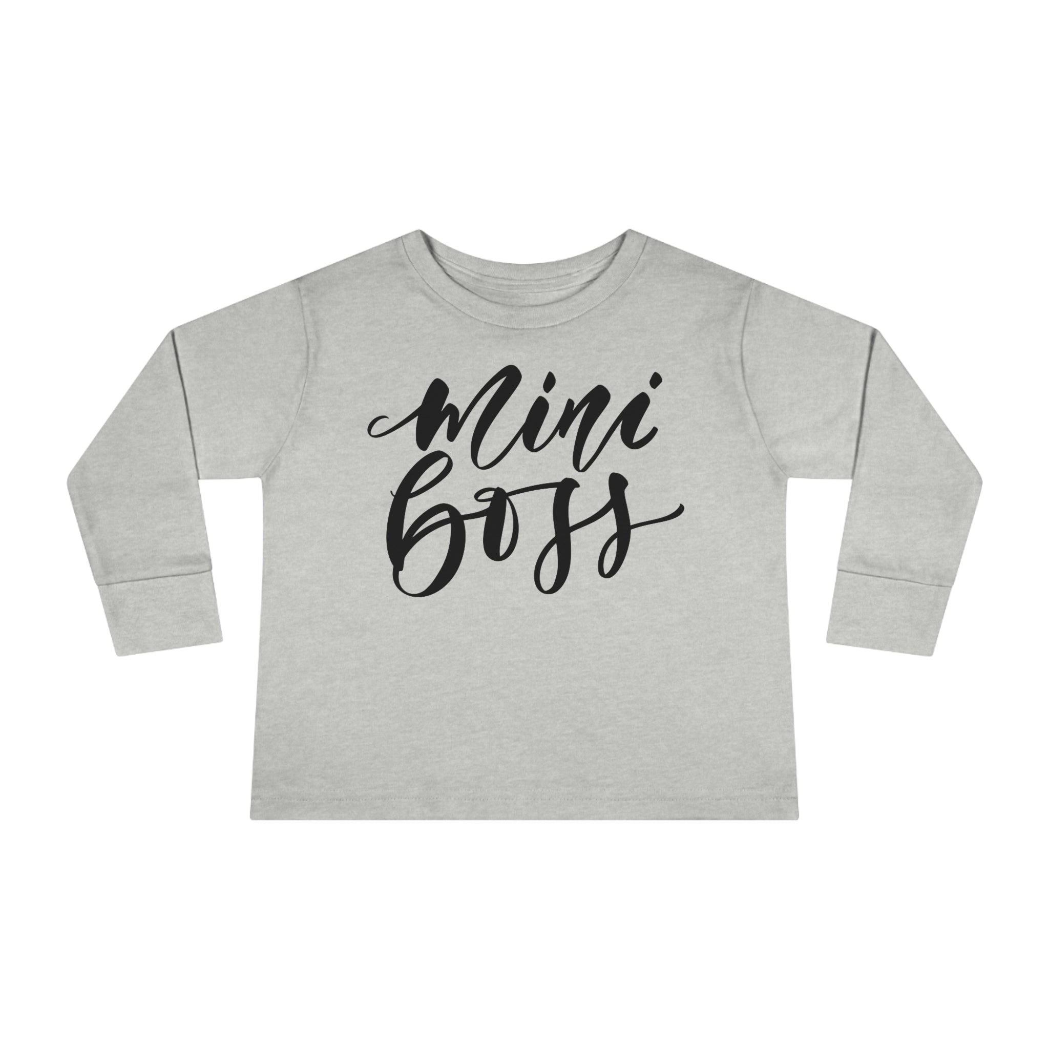 Long Sleeve Graphic T-Shirt for Toddlers in black featuring a Mini Boss print, made from soft cotton for comfort.