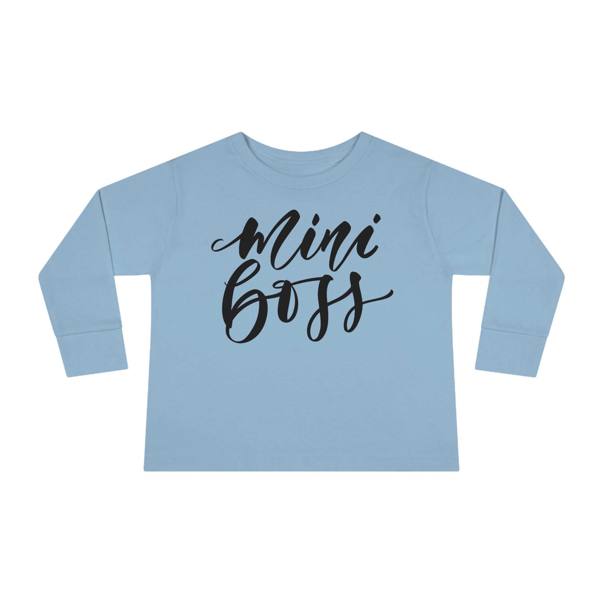 Long Sleeve Graphic T-Shirt for Toddlers in black featuring a Mini Boss print, made from soft cotton for comfort.